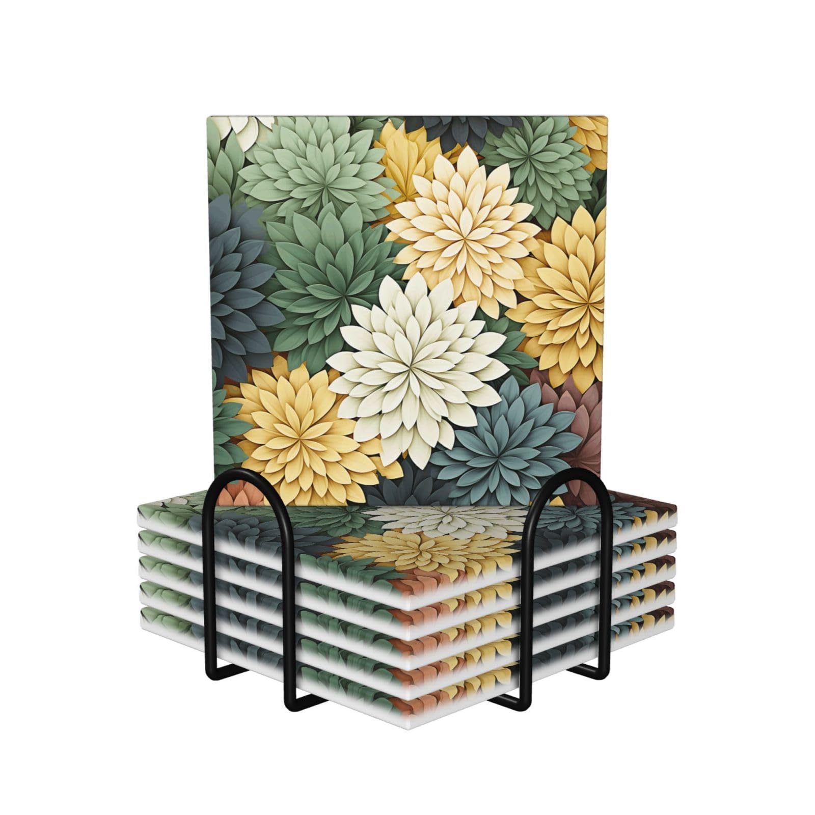 6Pcs Ceramics Coaster for Drinks, Petals Garden Leaves Cup Coasters with Holder, Aesthetic Drink Coasters for Coffee Table, Absorbent Round Coaster for Tabletop Protection 4" Cup Mat Pad