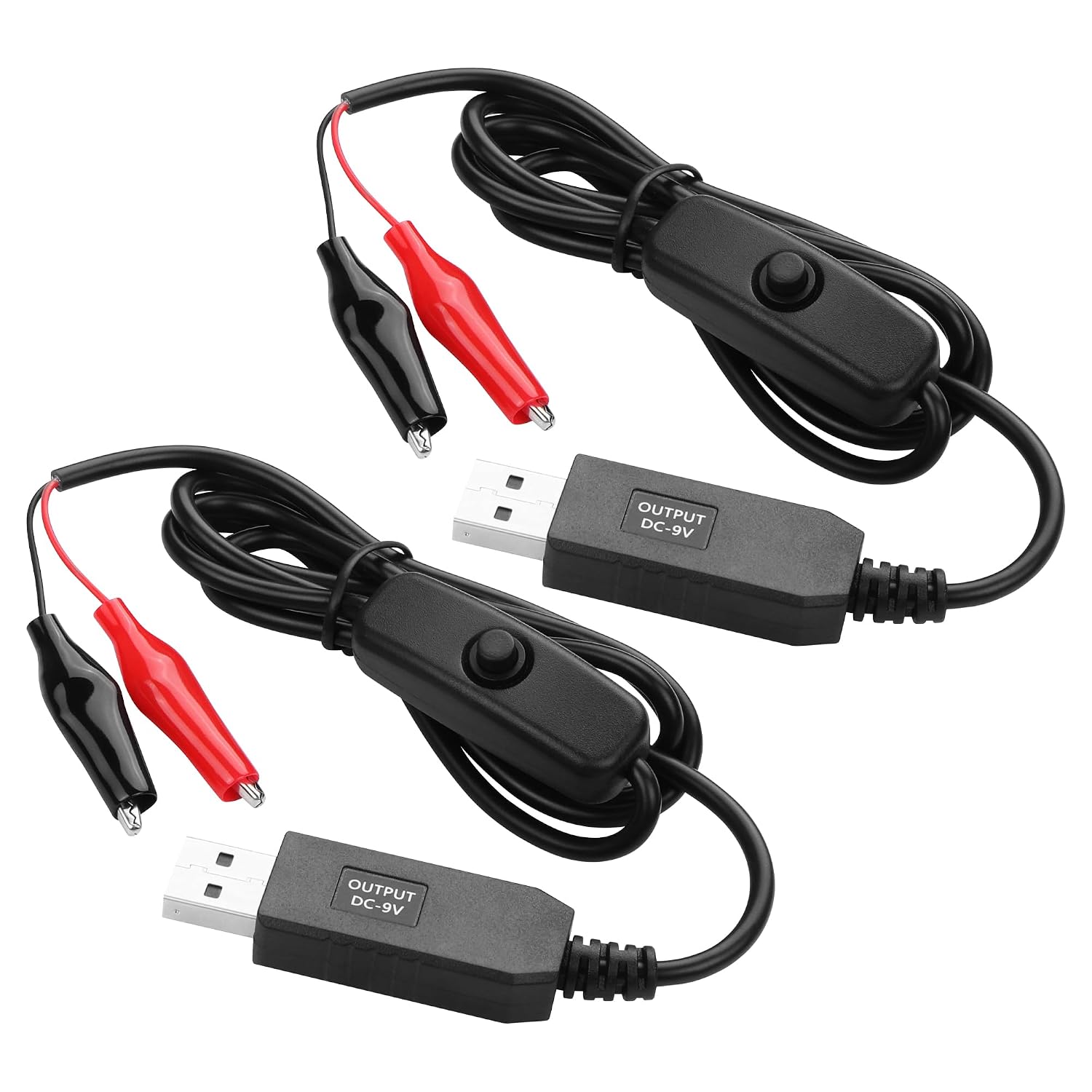 USB to 9V Alligators Clips Cable with Power Control Button,USB Male to Alligator Clips Voltage Step Up Converter Cable (2 Pack)