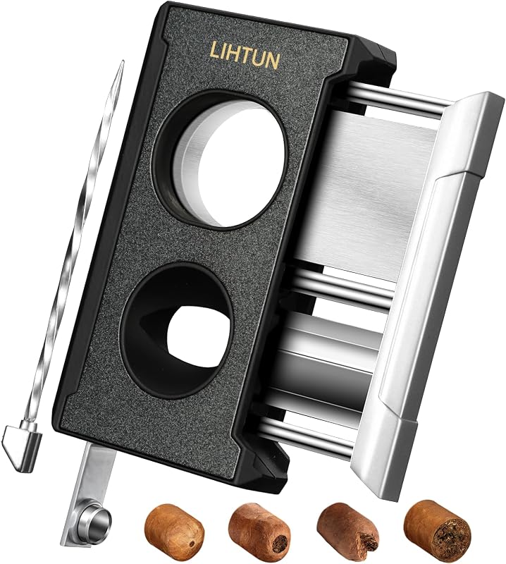 LIHTUN Cigar Cutter Guillotine 4 in 1 One Touch Straight Cut V Cutter with Cigar Punch Cigar Draw Enhancer, Stainless Steel Double Blade Cigar Clippers, Cuts Up to 60 Ring Gauge Cigars, Gift for Men