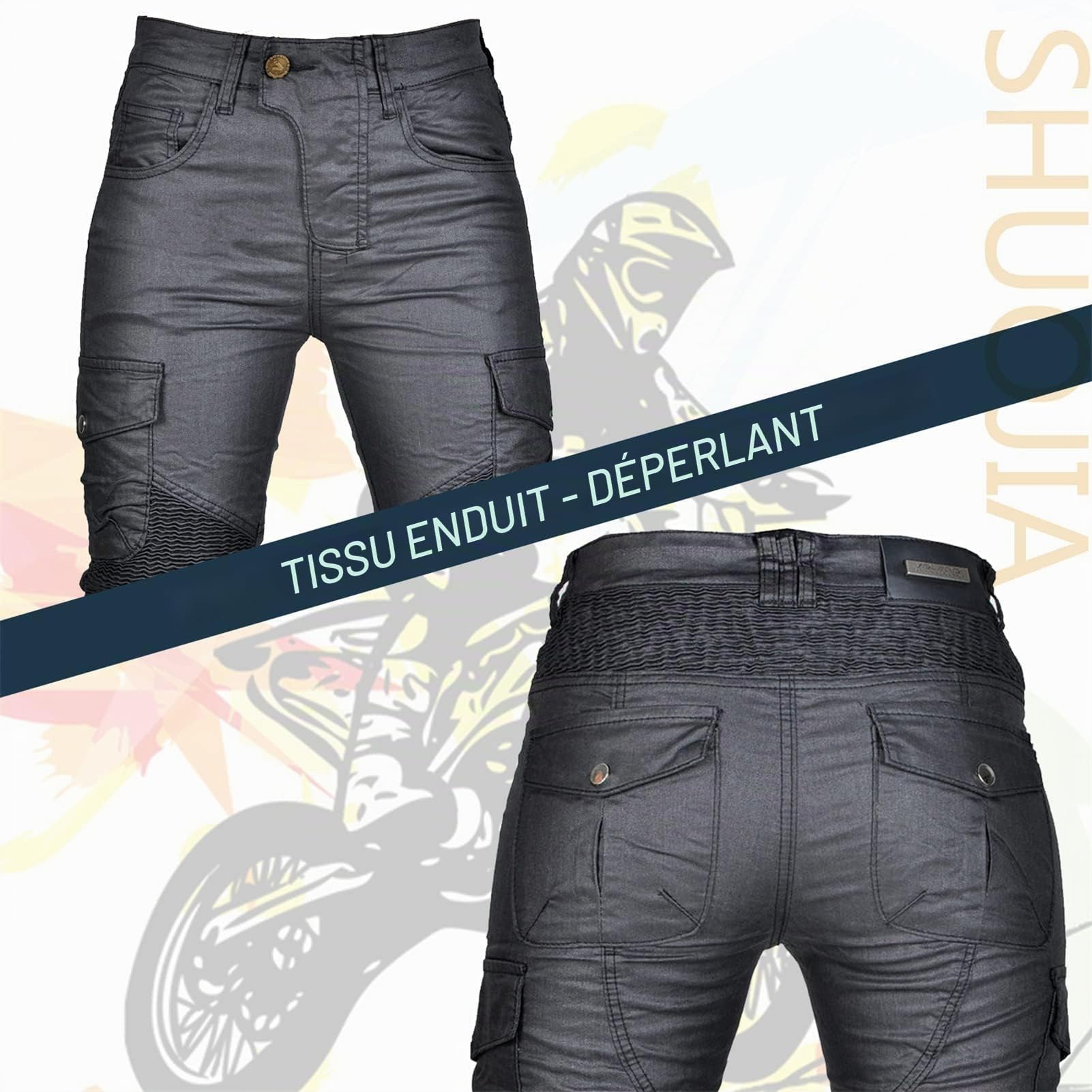 Jeans de Moto pour Femme Coupe-Vent Imperméable, Pantalon Enduit avec 2 Paires de Coussinets Amovibles pour Hanches et Genoux, Plusieurs Poches (Black, L)