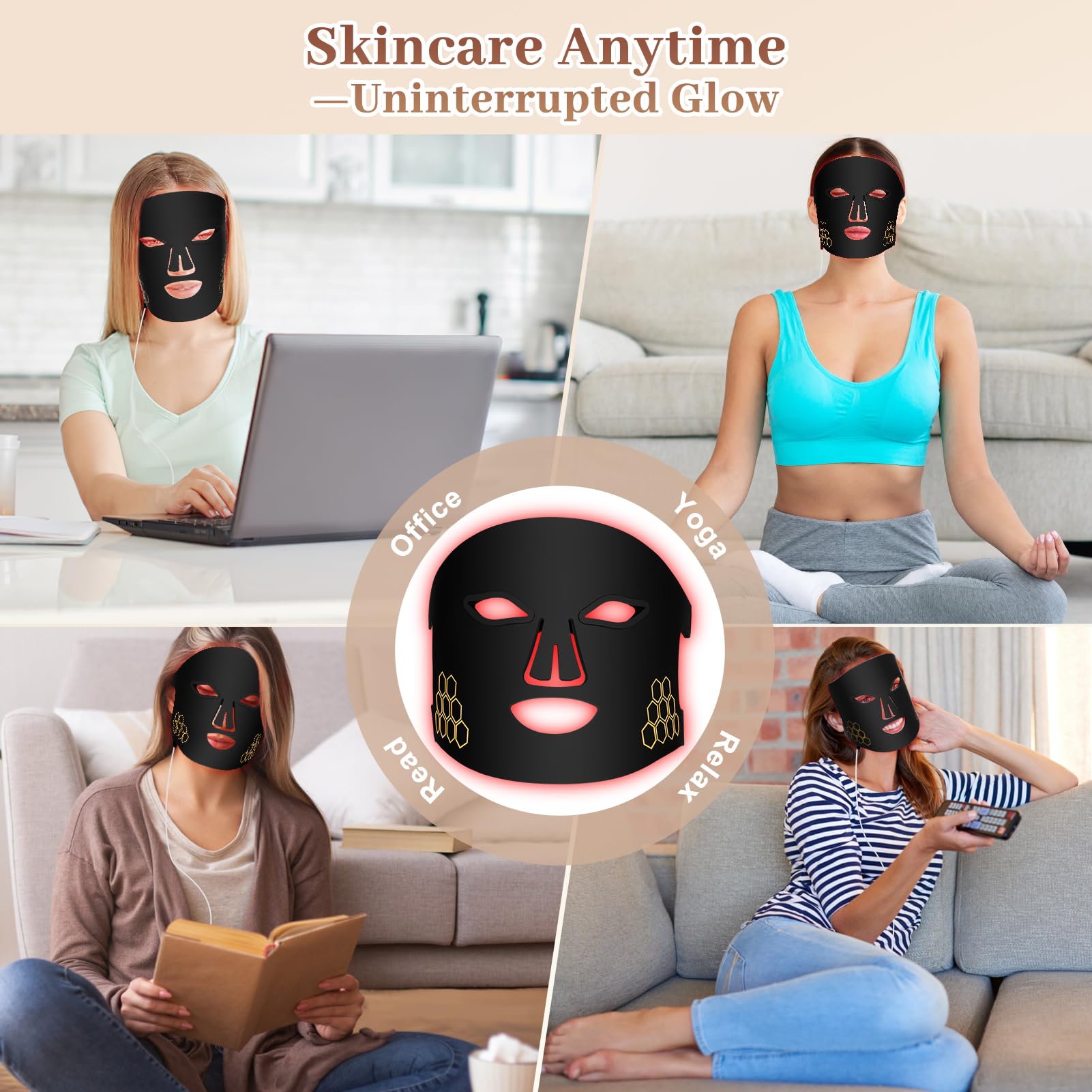 Masque facial à LED, Luckits masque de luminothérapie rouge avec 4 modes d'éclairage et télécommande, 216 ampoules LED, masque de luminothérapie infrarouge flexible en silicone pour visage les rides