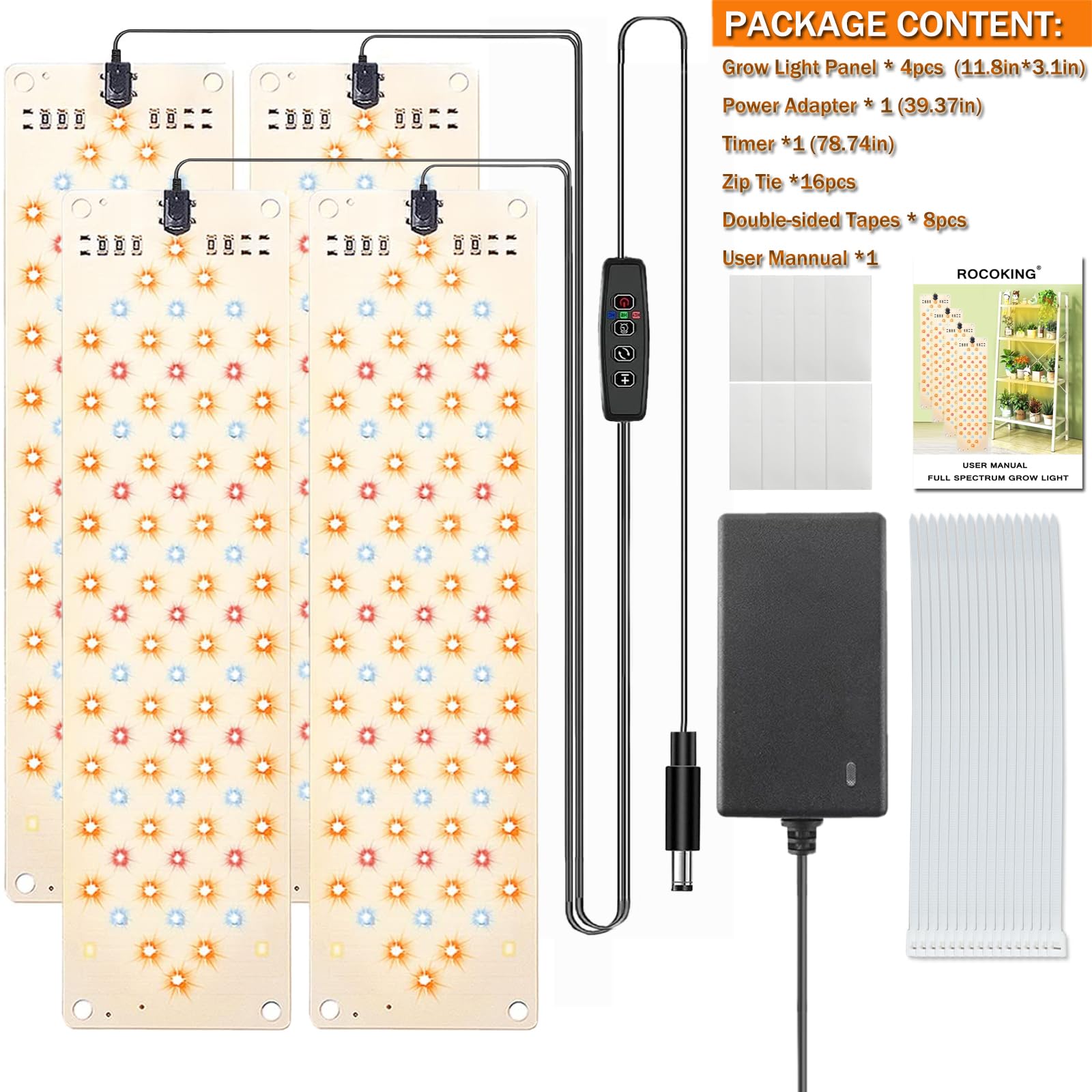 Lot de 4 lampes de croissance à panneau ultra-fin de 40 W pour plantes d'intérieur, 316 LED à spectre complet pour plantes sous armoire, lampe de croissance avec minuterie de 3/9/12 h, 10 niveaux