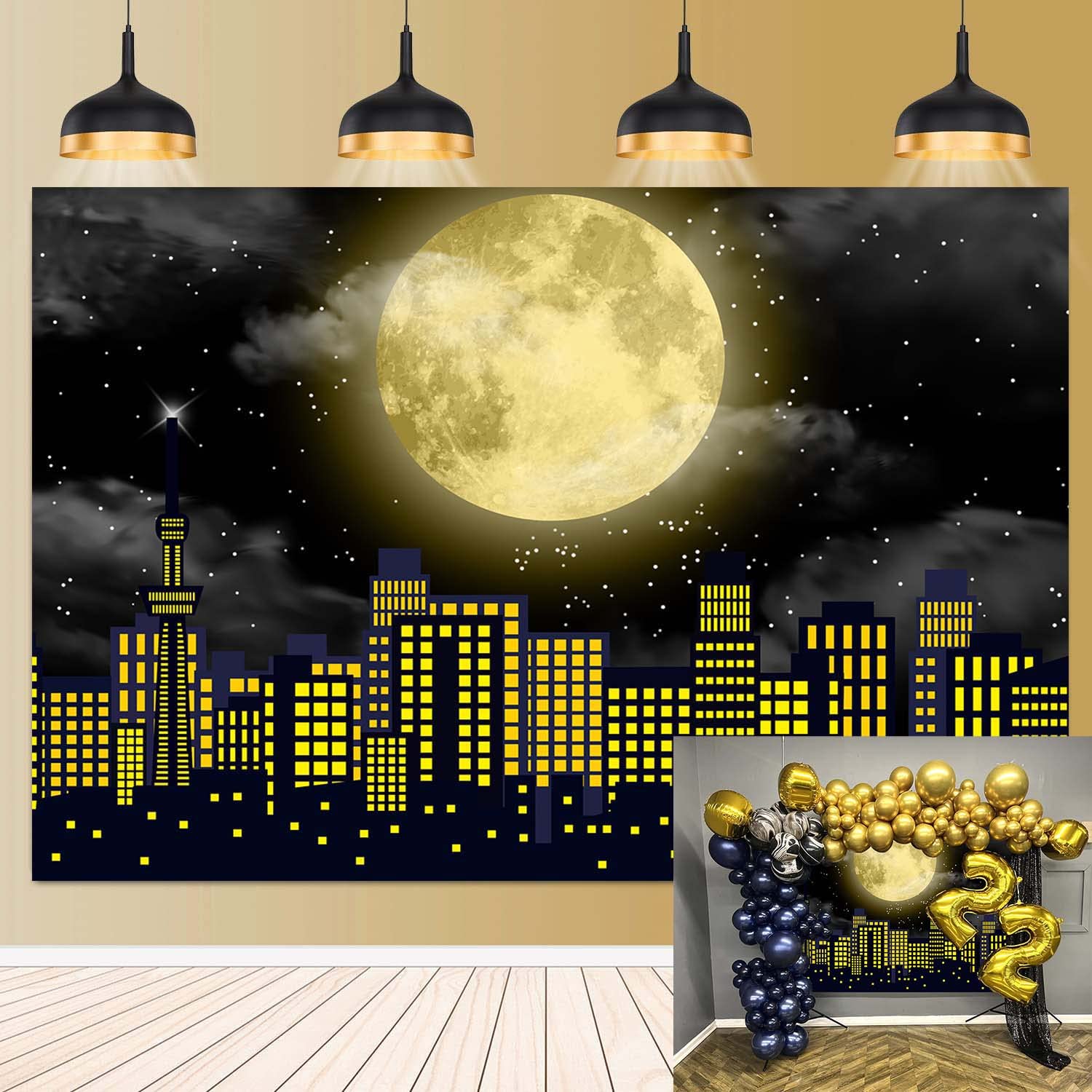 Super City Photography Backdrop 8x6FT Yellow Full Moon Skyline Cityscape Superhero Background City Theme Boys Birthday Party Banner Decorations Photo Props - View #10