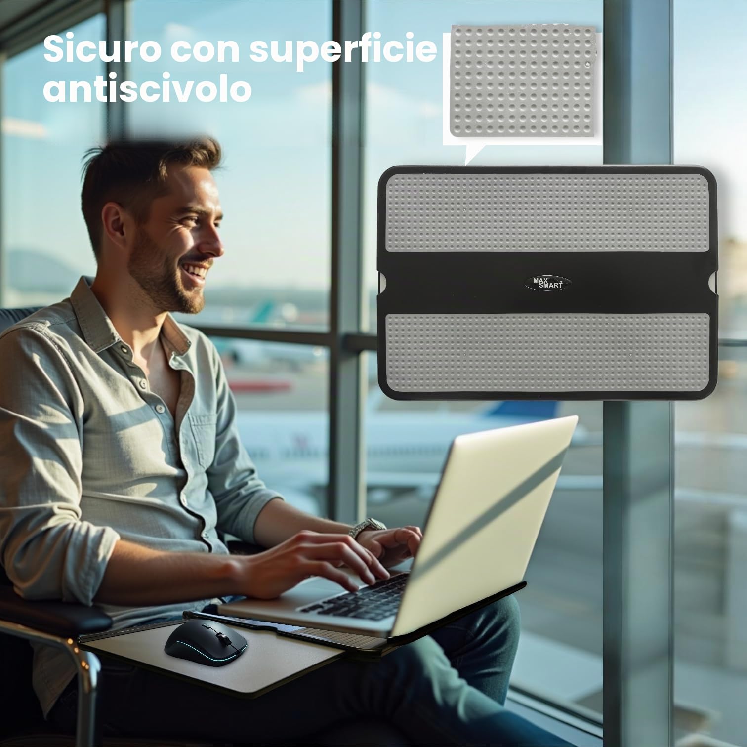 MAX SMART Tappetino portatile per computer portatile, scrivania per laptop con vassoio per mouse retrattile, scudo termico antiscivolo, supporto per computer portatile, stazione di lavoro per casa,