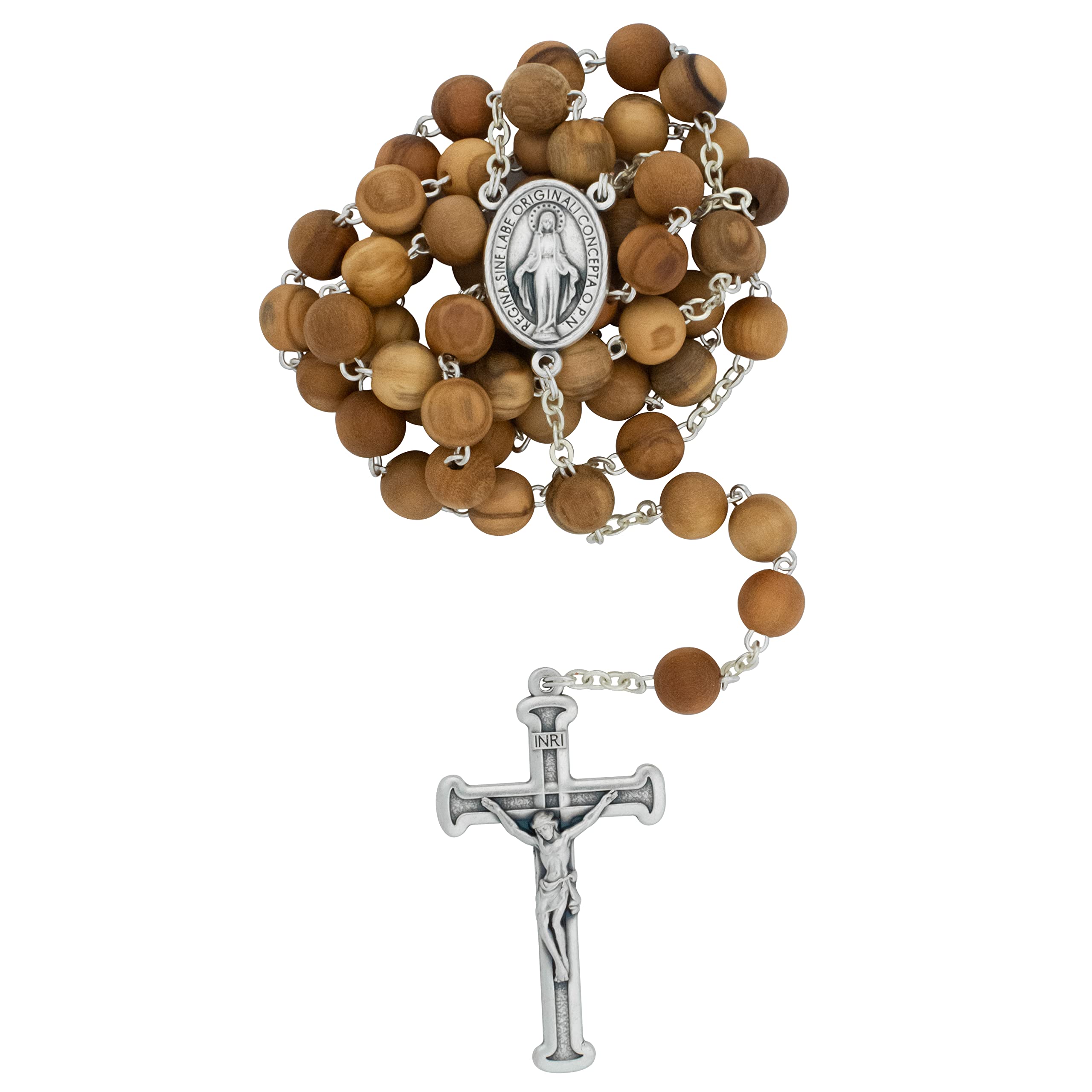 Olive Wood Rosary | Round Wooden Hail Mary Beads and Silver-Tone Crucifix and Medal | Great Catholic Gift for First Holy Communion and Confirmation | Made in Italy