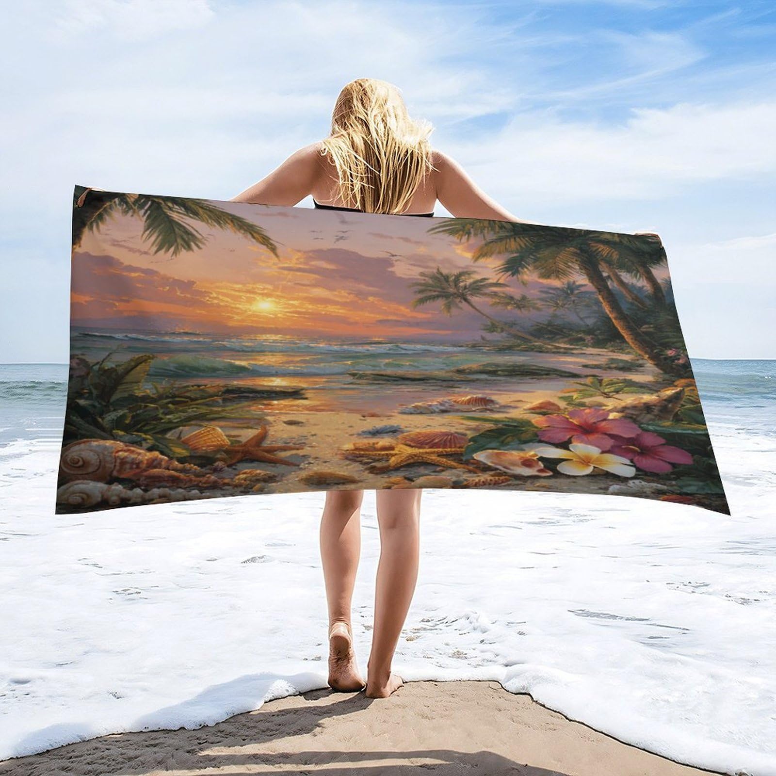 Luyysky Colorful Beautiful Sunset Waves Absorbent Beach Towel, Rustic Watercolor Plant Palm Tree Ocean Animal Starfish Shells Outdoor Single-Sided Velvet Beach Towel-80 W Cm X 160" L Cm