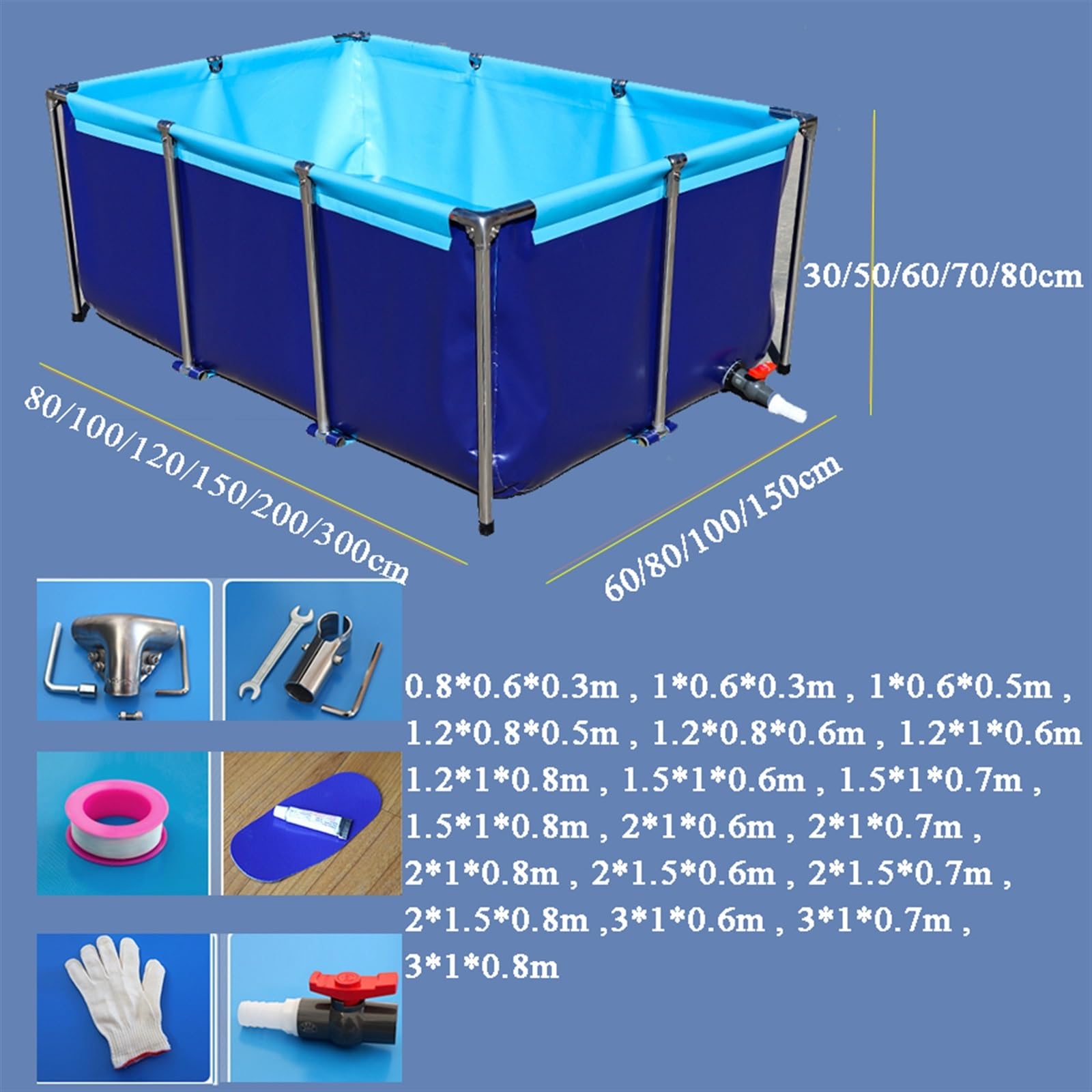 Générique Akwarium na koi z PVC z kranem spustowym - przenośny basen do obserwacji ryb, podlewania ogrodu i przechowywania wody na zewnątrz (0,8 m x 0,6 m x 0,3 m)