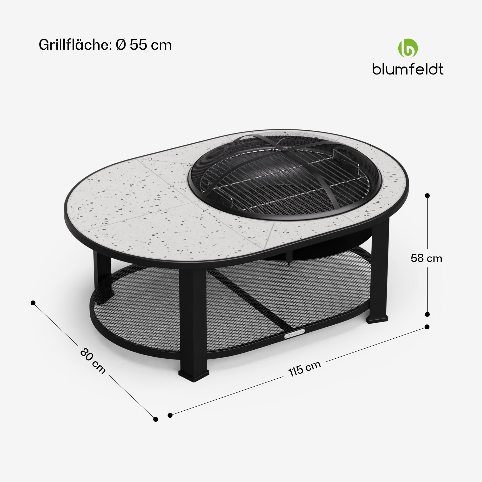 Blumfeldt Merano Circolo L Feuerschale - 3-in-1 Feuerschale mit Grillrost & Tisch, robuster Stahlrahmen, Terrazzo-Tischplatte, inkl. Funkenschutz, Schürhaken & Deckel, für Garten & Terrasse
