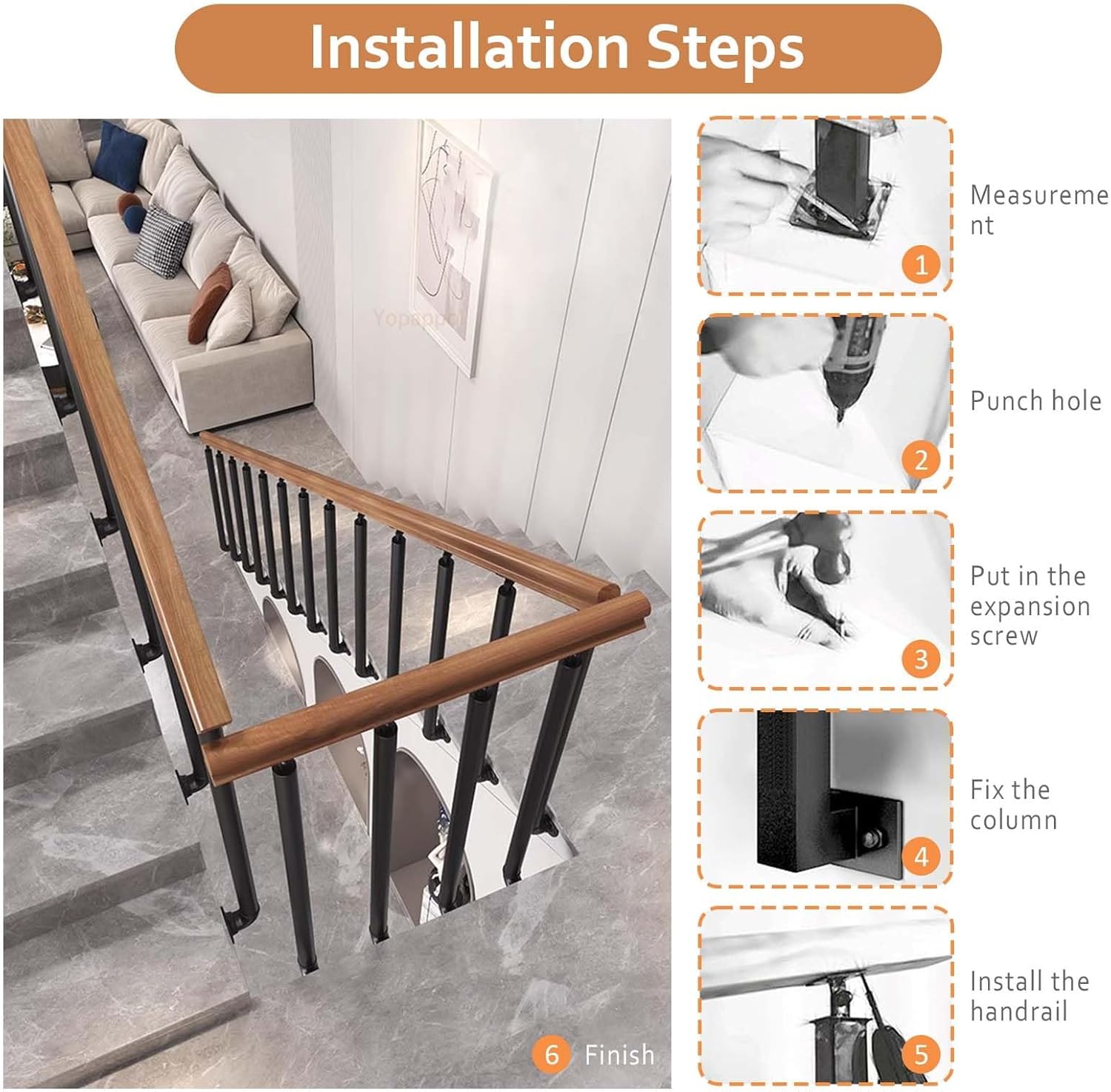 Wooden Side Mounted ils for 1-5 Steps -Stair Railing with Double Post & Wall Fittings - Safety Support Rail for Staircase Stability