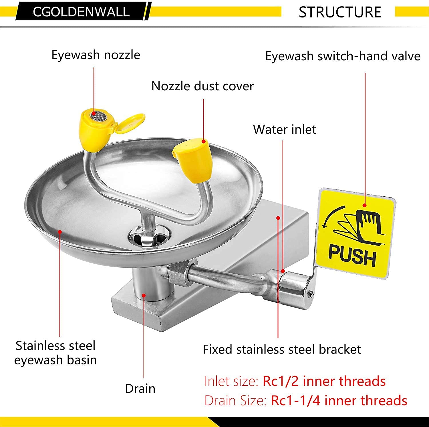 CGOLDENWALL Eye Wash Station Wall Mounted Eyewash Station Emergency Eye