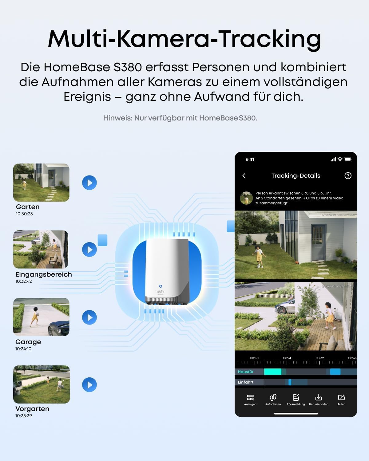 eufyCam S4 4‑Kamera‑Set, kabellose Solar‑Überwachungskamera außen, 3‑Linsen Bullet‑PTZ‑Kamera, 4K UHD, 360° Multi‑Kamera‑Tracking, Auto‑Tracking, 8× Hybridzoom, Farbnachtsicht, 16TB lokaler Speicher