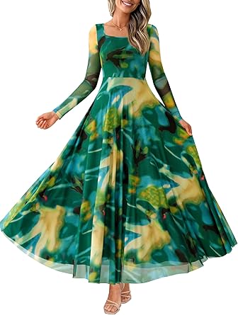 BTFBM Women Maxi Dress Fall 2025 Fashion Elegant Long Sleeve Square Neck Floral Print Party Club Wedding Guest Dresses