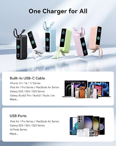 Miniatura 6 de INIU Cargador portátil, cargador de batería de carga rápida de 10000 mAh, 30 W, cable USB C integrado y enchufe de CA plegable, paquete de baterías