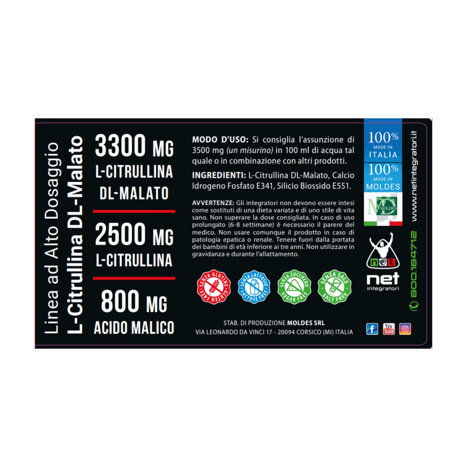 Net Integratori Citrullina Malato 1250 – 180 g Neutro – Integratore Pre Workout per Ossido Nitrico e Pump Muscolare – Massima Resistenza Fisica Energia e Recupero