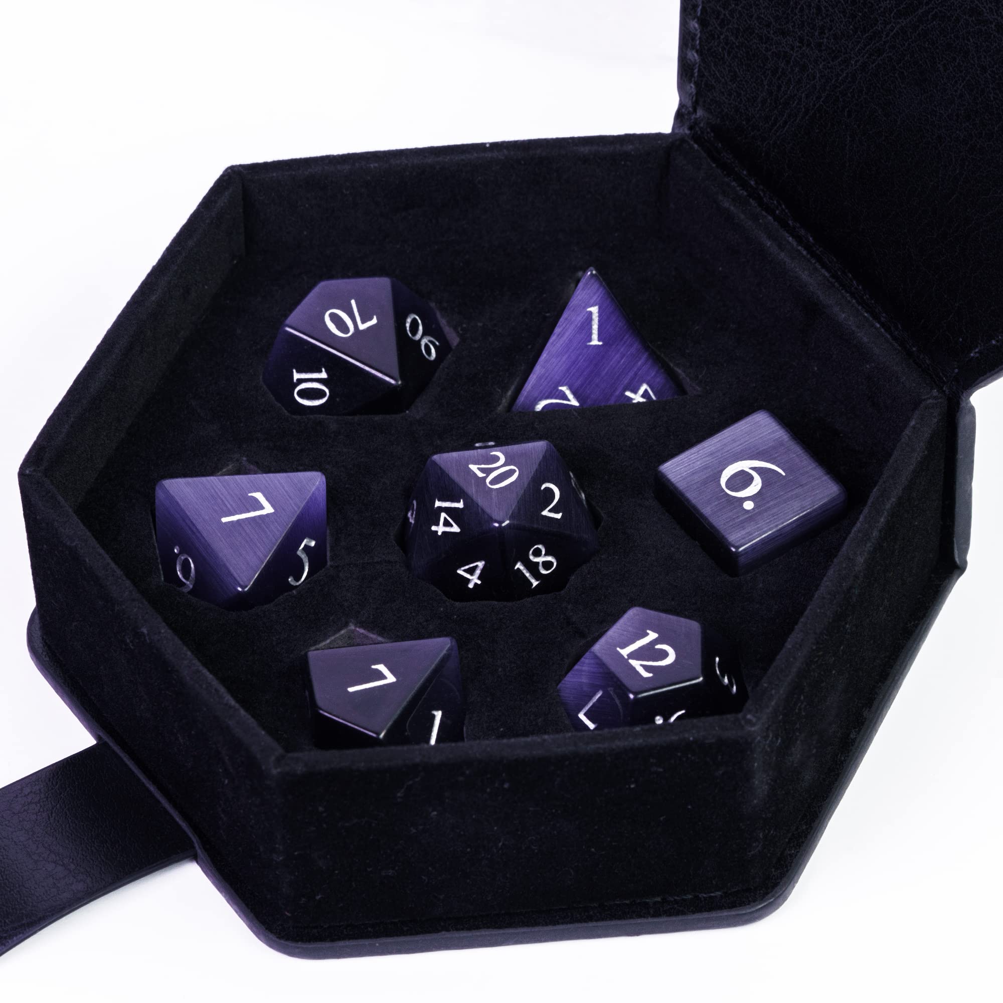 UDIXI Juego de dados de piedras preciosas naturales, 7 dados DND de cristal para mazmorras y dragones, dados D&D hechos a mano para juegos de mesa MTG (ojo de gato morado oscuro)