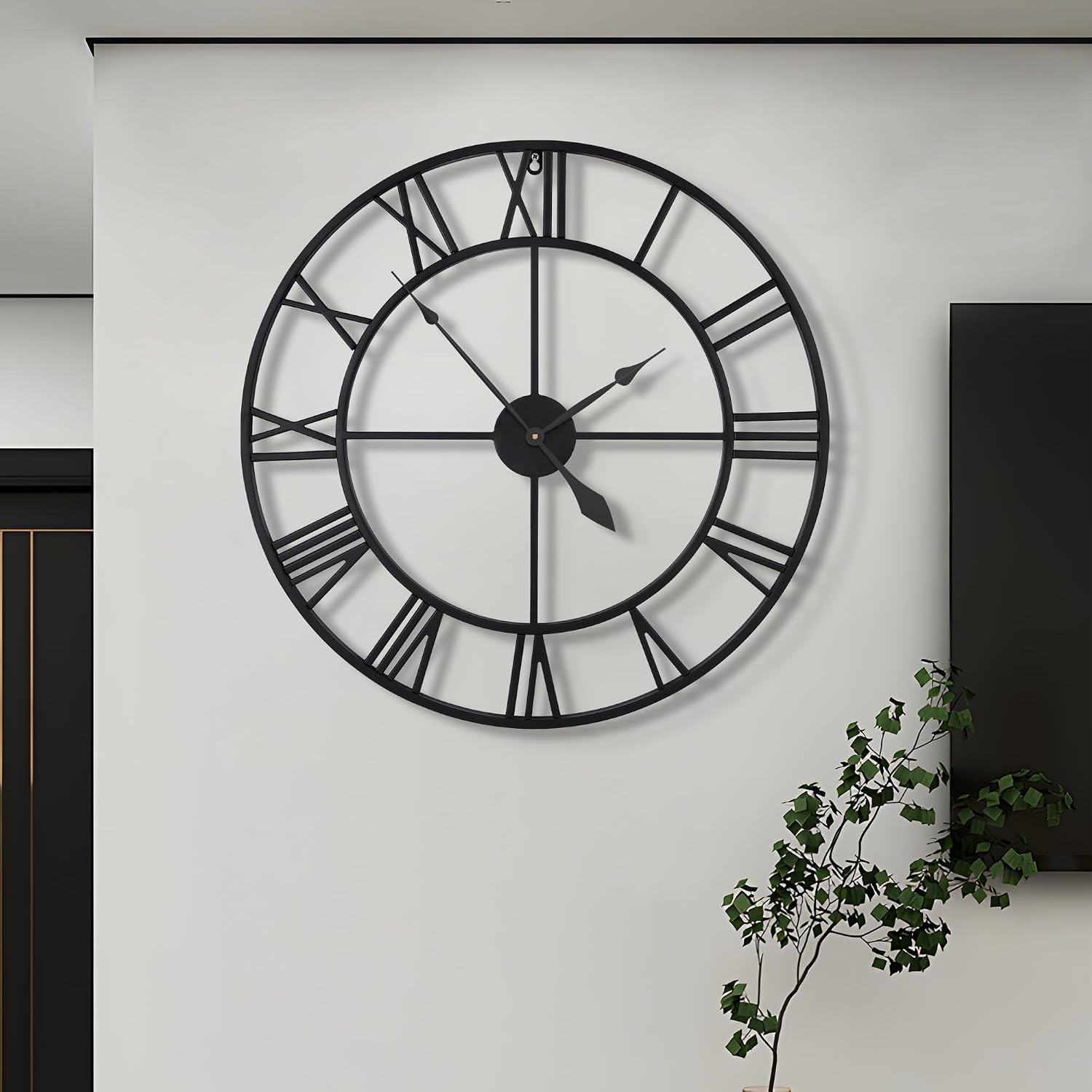 LEIKE 30" Large Wall Clock for Living Room Decor-Modern Big Round Metal Decorative Battery Operated Silent Wall Clock for Bedroom,Dinning Room,Farmhouse,Office (Black,30", Roman Numeral)