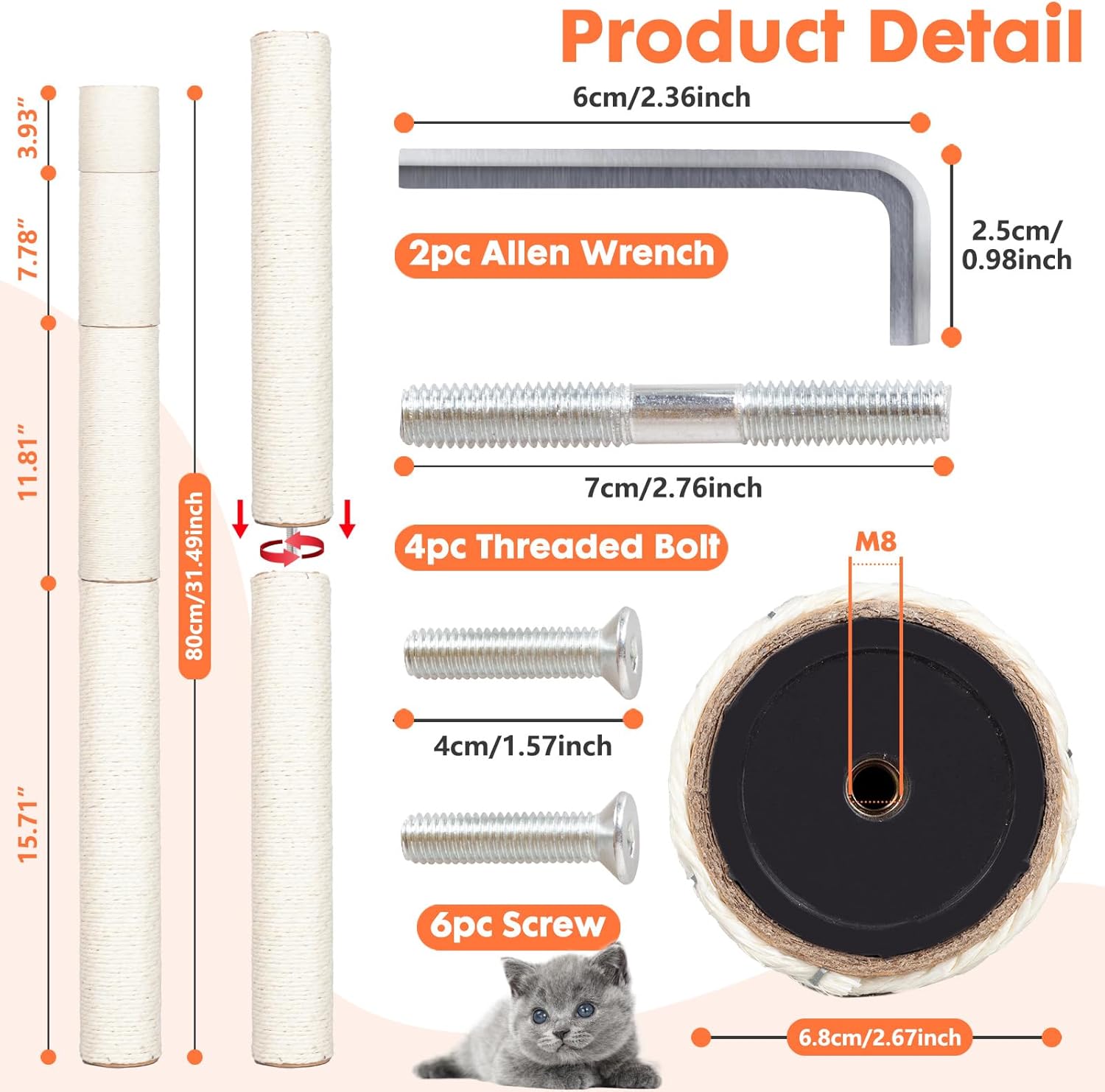 PowerKing Natural Sisal Replacement Scratching Post, 4 Pieces M8 Cat Scratch Post Refill Pole Parts for Refurbishment, White, Include Screws, White, 15.74''+11.88''+7.87''+3.93''