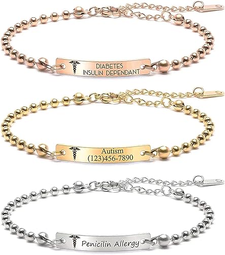 MignonandMignon Personalized Medical ID for Women Engraved Diabetes Alert Bracelet Ball Chain Prescription Kids Jewelry -B-3BR-MD