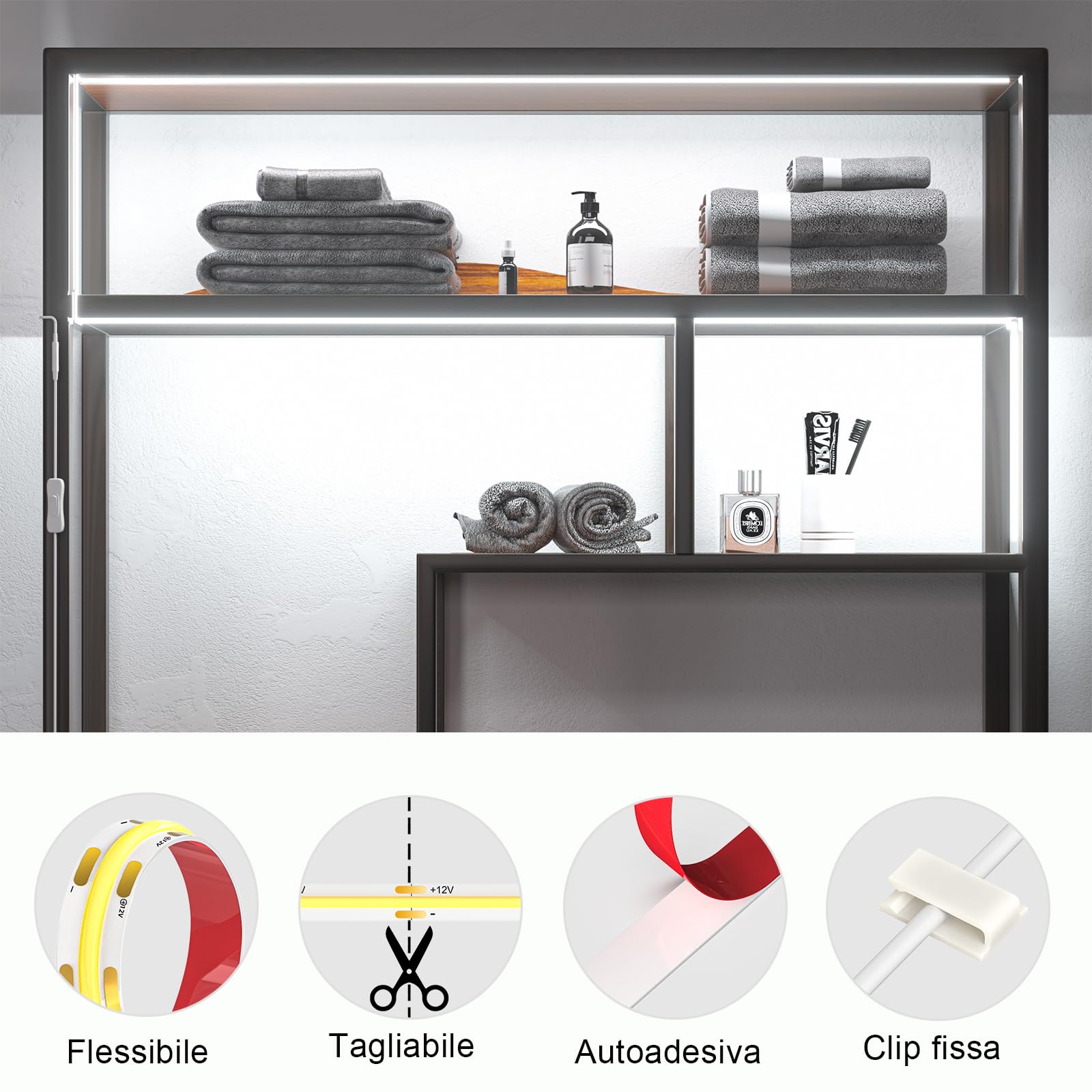 WOBANE Striscia Led COB 2 Metri 12V, Striscia Led Bianco Freddo 6000K, CRI 94+, Strisce Led Adesive con Interruttore e Spina per Cucina Sottopensile,Specchio,Vetrina,Camera da Letto,TV, 640 LEDs