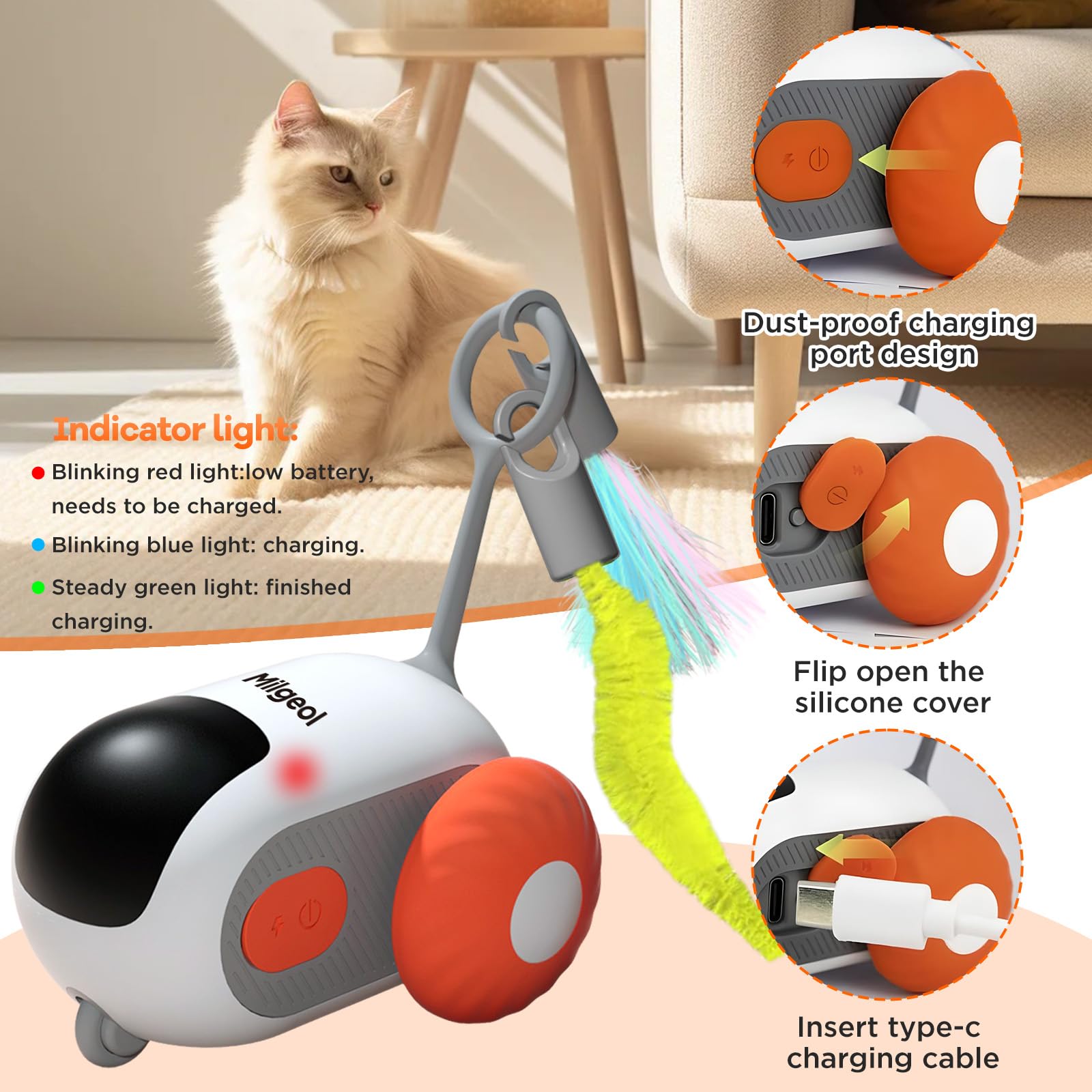 Milgeol Turbo Tail 3.0, Teazys Cat Toy Turbo Tail, Smart Remote Control Electric Interactive Cats Toy, Type-C Rechargeable Turbo Tail Mouse Cat Toy with Feathers (1pc Orange) 2