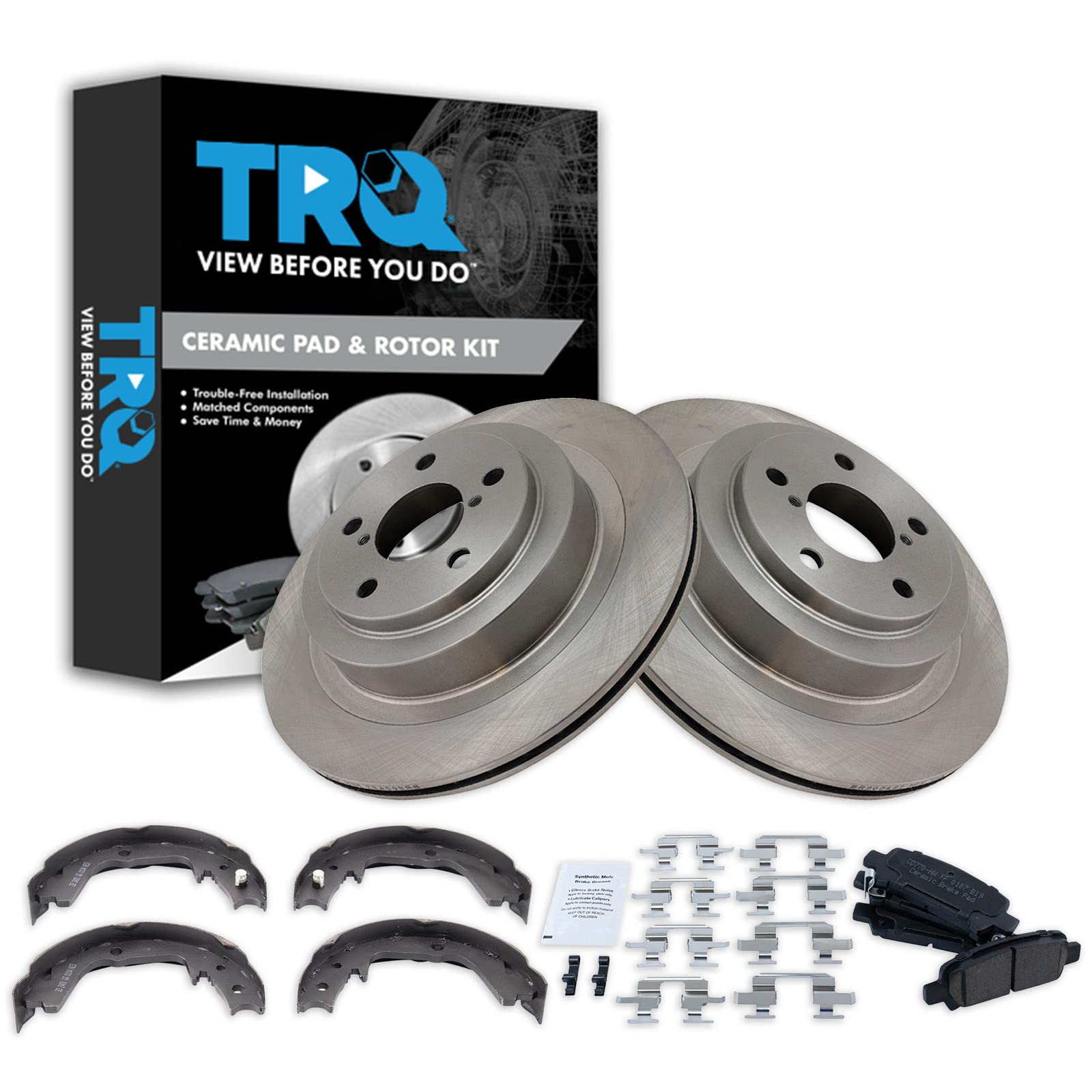 TRQ Rear Brake Pad and Rotor Set Ceramic Parking Brake Shoe Compatible with 2005-2009 Subaru Legacy