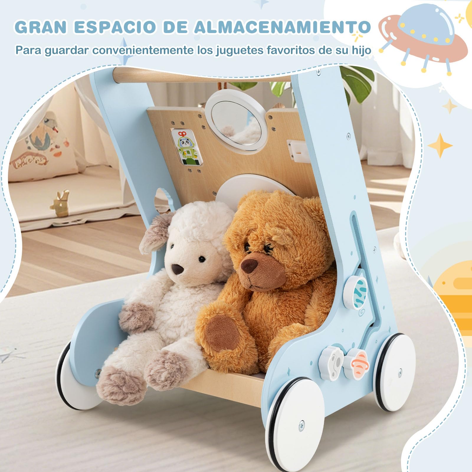 COSTWAY Andador Bebés de Madera 8 en 1, Caminador de Madera Bebé, Centro de Actividades de Aprendizaje de Empujar, Juguete Montessori con Ruedas, Carrito Correpasillos para Niños de 1+ Años (Azul)