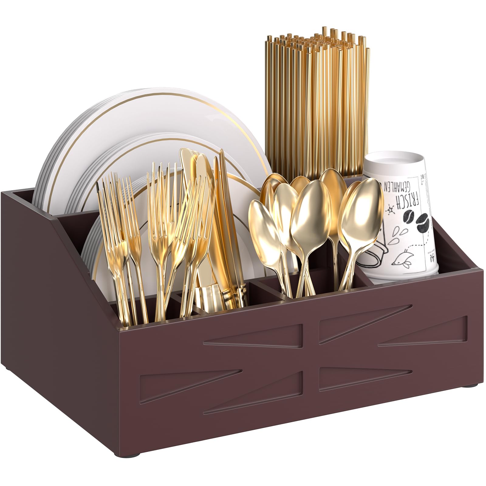 Paper Plate Dispenser,for Countertop,Paper Plate Holder for Kitchen Counter,Wood Rustic silverware holder,paper plate organizer for Fork Knife Spoons Plates,Silverware Caddy for Party,Camping