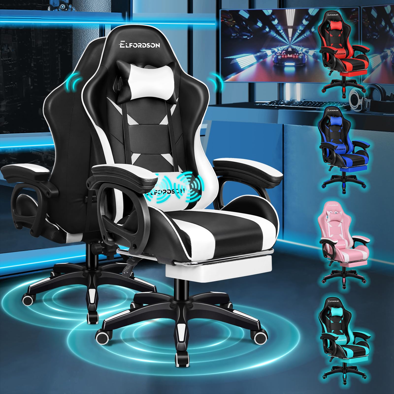 ELFORDSON Gaming Chair with 2-point Massage Lumbar Cushion, High Back PC Computer Game Chair, 150° Reclining Office Chair with Headrest & Footrest, 360° Swivel, Home Esports, PU Leather, White