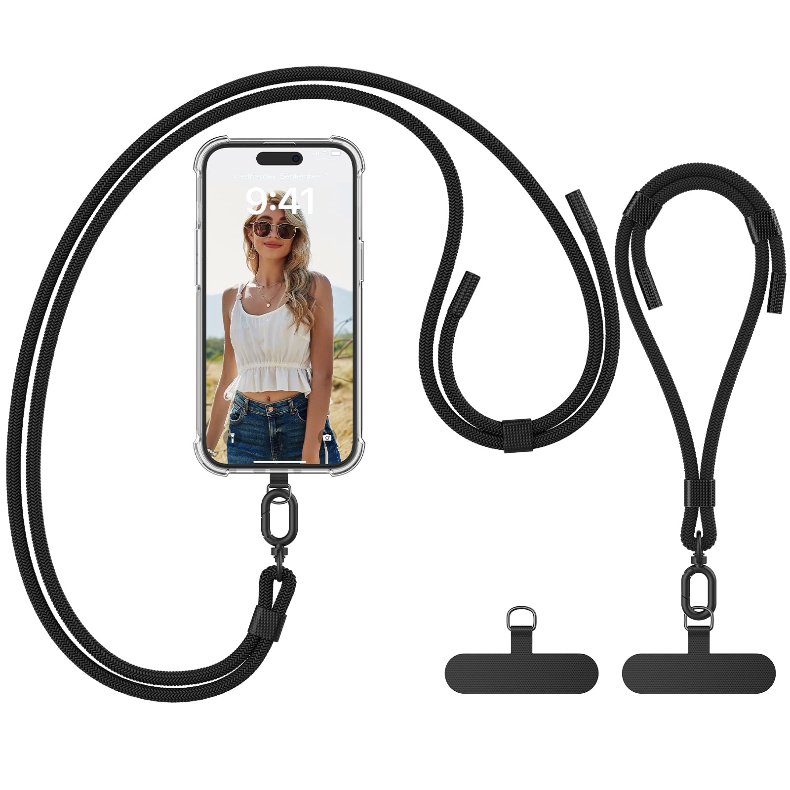 2 Pack Adjustable Phone Lanyard, 2× Black Patches, Removable Universal Cell Phone Multifunctional Patch Lanyards Compatible with Most Smartphones-Black