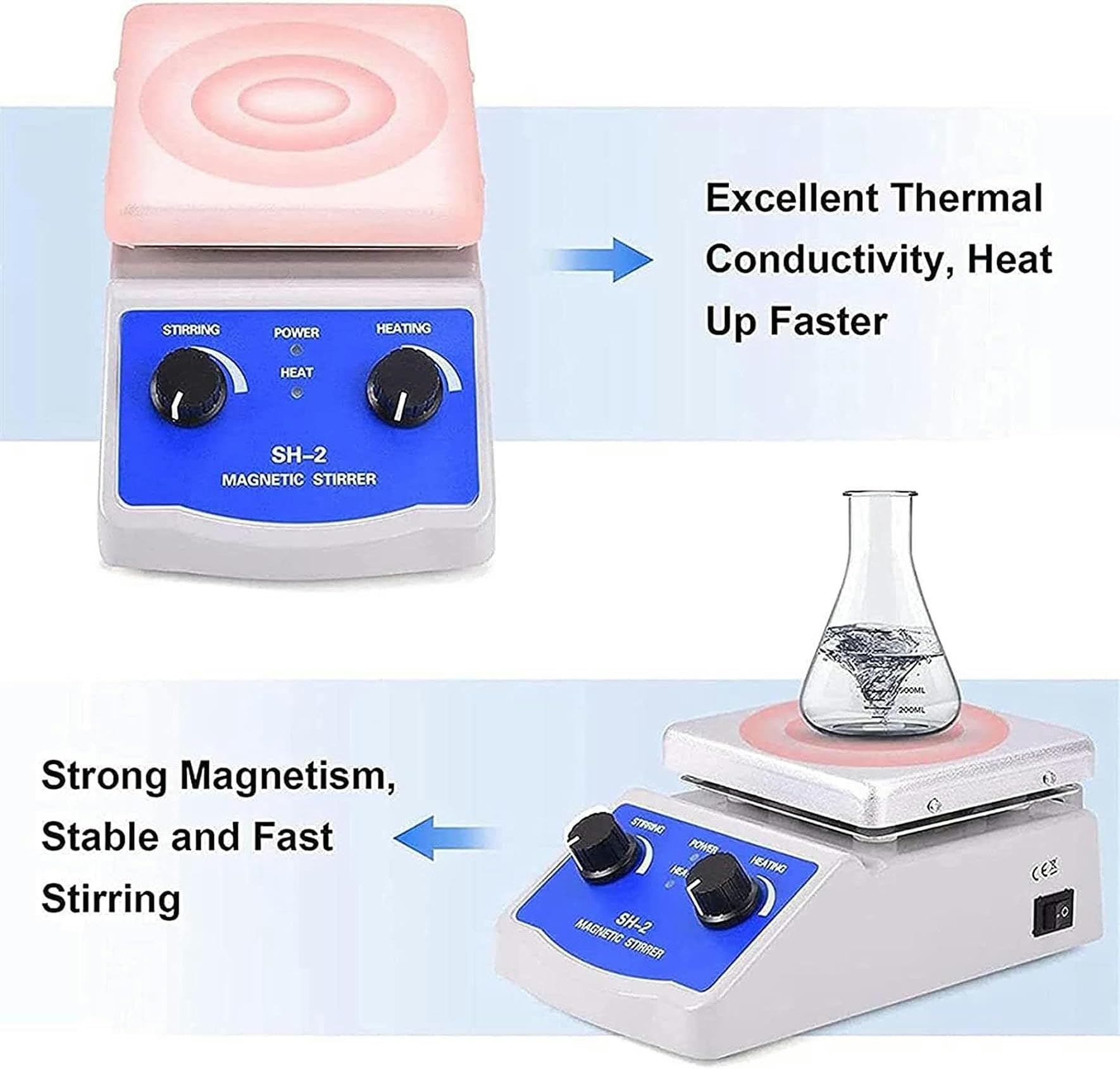 Potente agitador magnético de laboratorio, placa caliente de agitador magnético con calefacción, potencia de calefacción de 180 W 0-1600 RPM con soporte para laboratorio, aula, investigación