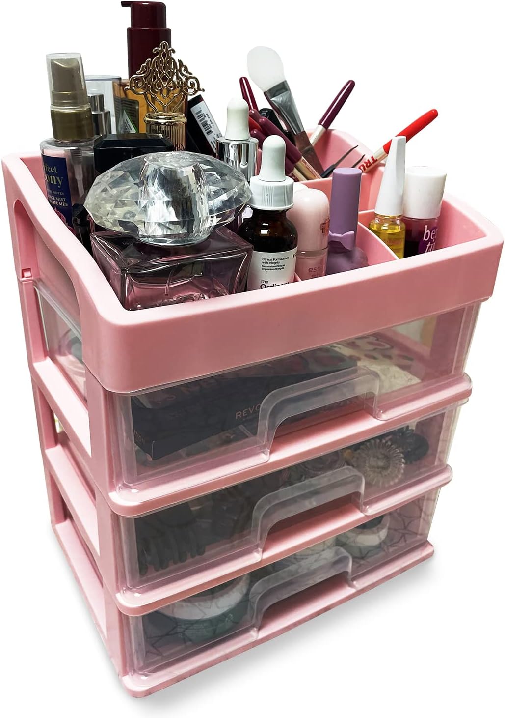 DYNAMXDDYNAMXD Makeup Organizer with transparent 3 Drawers, Bathroom Vanity Countertop Storage for Cosmetics Display Cases, Brushes, Lotion, Nail Lipstick and Jewelry, Multi Uses Box-Large Size (Pink)