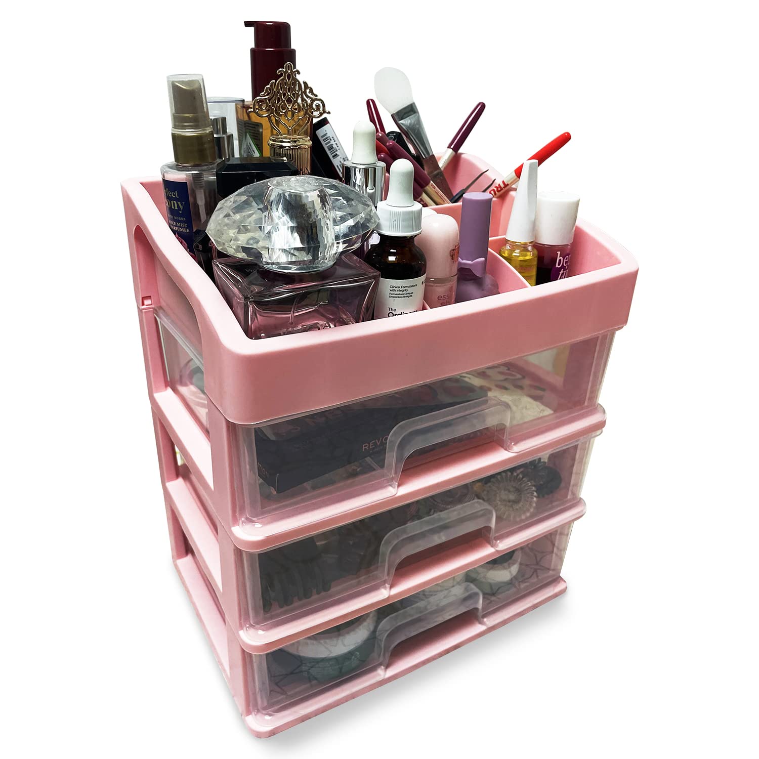 DYNAMXDDYNAMXD Makeup Organizer with transparent 3 Drawers, Bathroom Vanity Countertop Storage for Cosmetics Display Cases, Brushes, Lotion, Nail Lipstick and Jewelry, Multi Uses Box-Large Size (Pink)