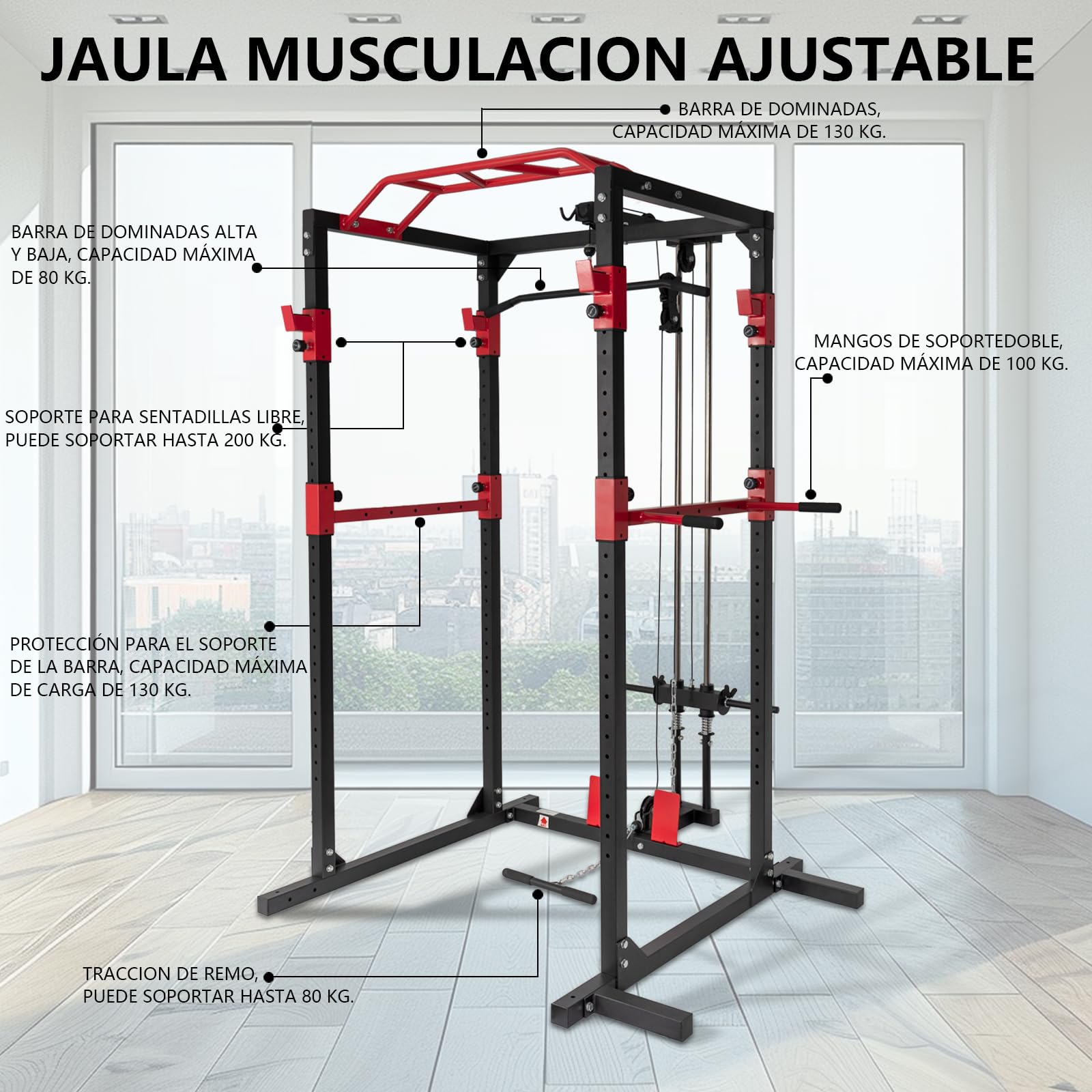 Jaula de Musculación,Equipo de Ejercicio de Musculación,Multifuncional para Sentadillas con Barras de Dips Acoplables y 2 Puntales de Seguridad Macizos,Torre y Jaula Multiestación