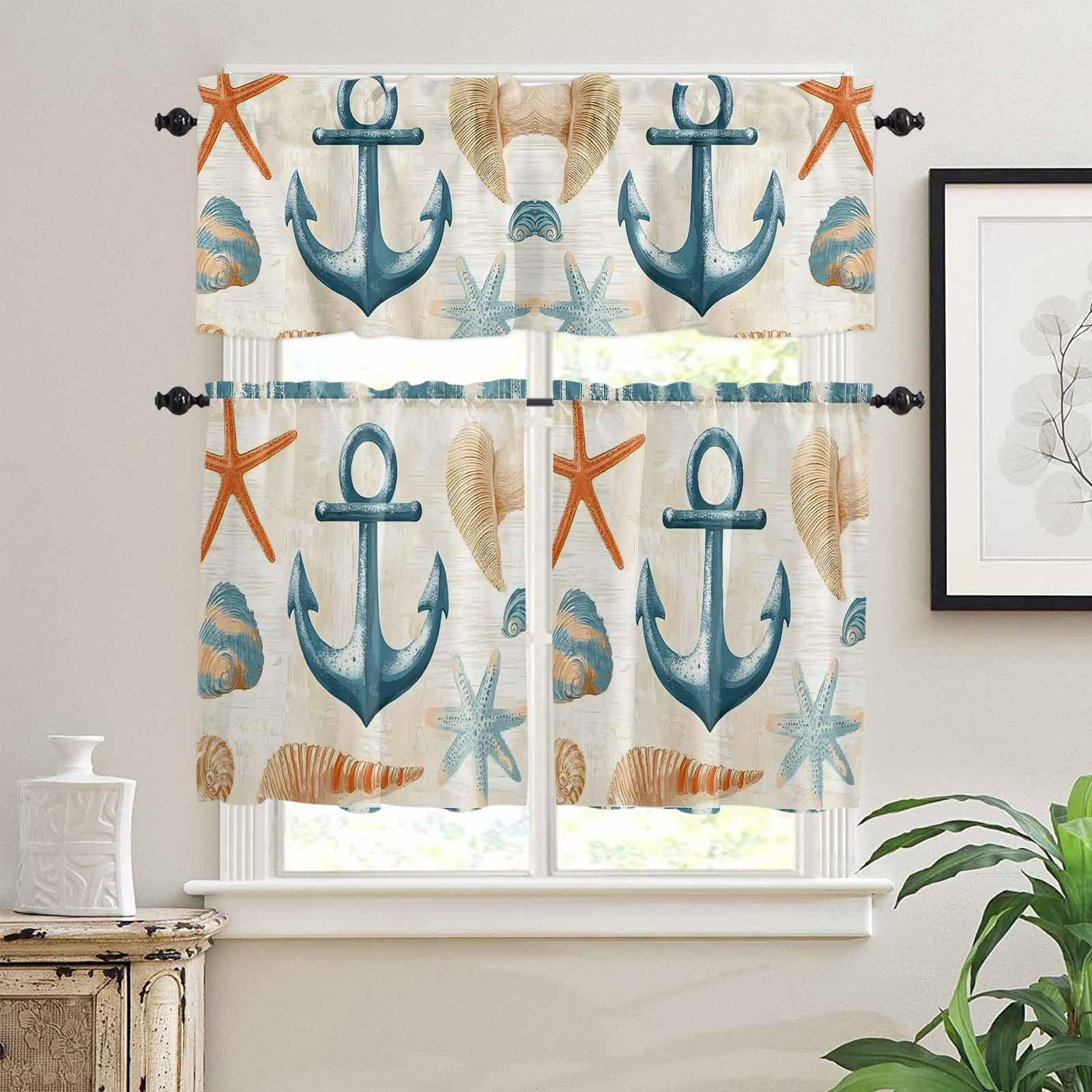 Nautical Anchor Kitchen Curtains 36 Inch Length,3 Piece Rod Pocket Small Half Tiers and Valance Set,Coastal Ocean Vintage Starfish Shells Small Large Window Treatment Decor for Bedroom/Bathroom Sink