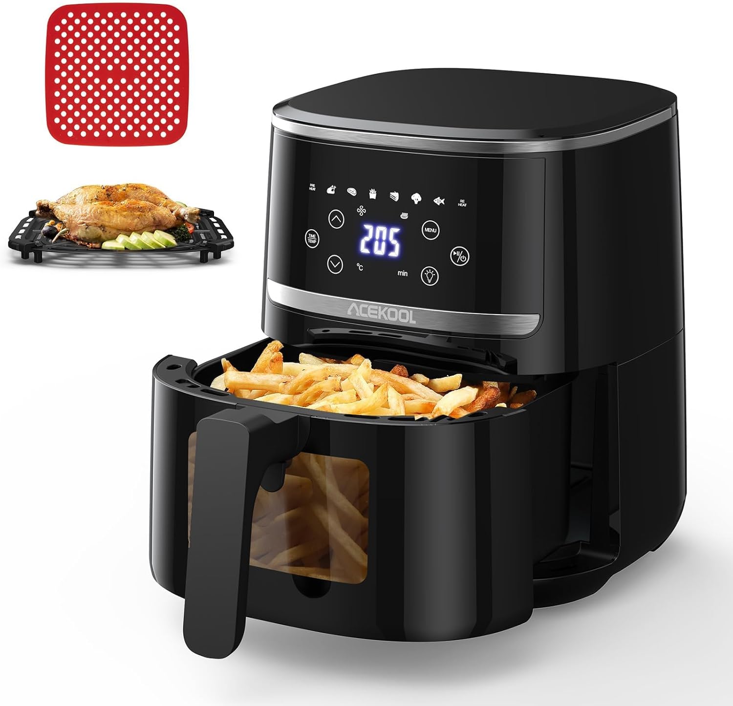 1500W 8-in-1 Air Fryer with Transparent Viewing Window, 5QT Stainless Steel Air Fryer, Temperature Control up 400 °F, Nonstick Dishwasher-Safe Basket, Noise ≤ 50 db, Roast, Bake, Broil, Preheat Mode