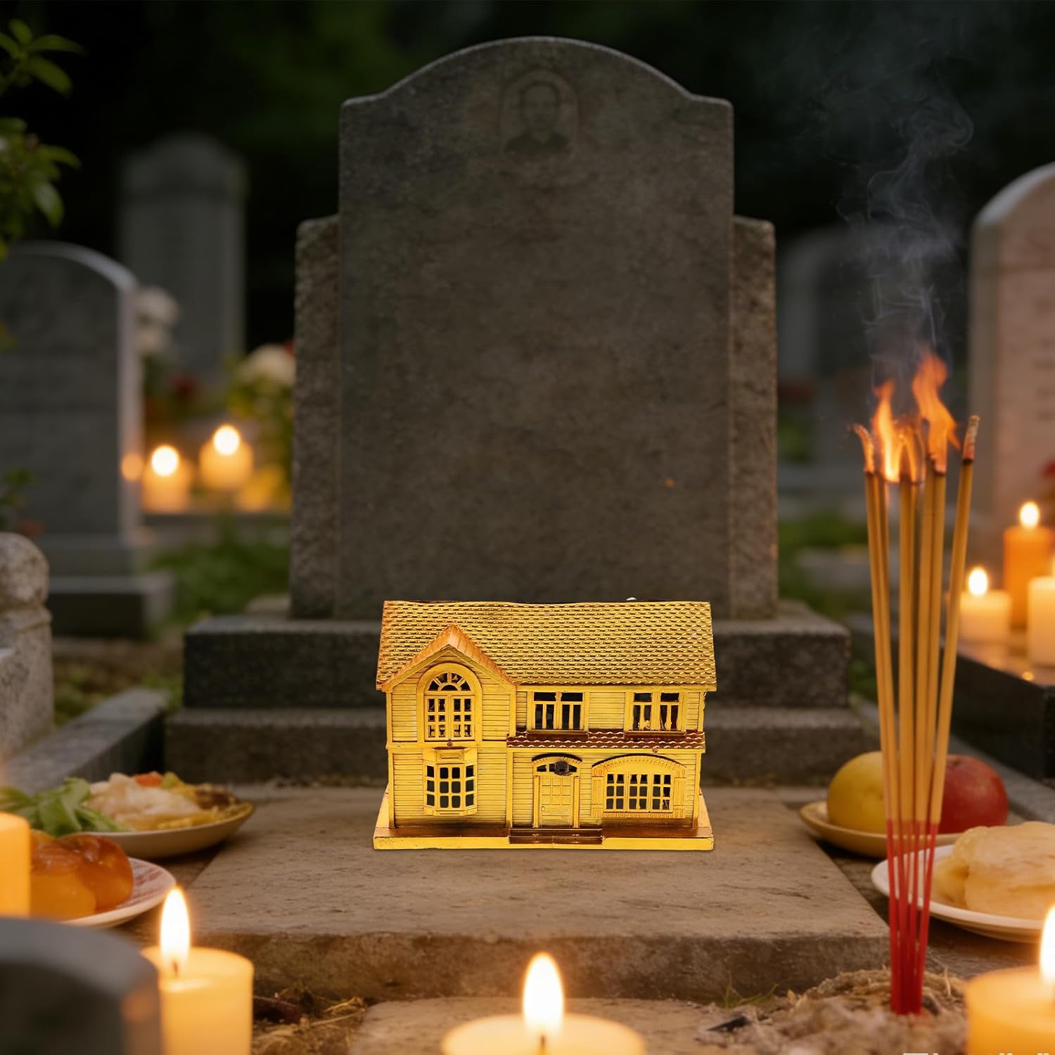 COLLBATH 2pcs Ancestral Worship Gold Villa, Chinese Plastic Golden House Offerings, Funeral Ritual Supplies for Deceased Family Tribute and Qingming