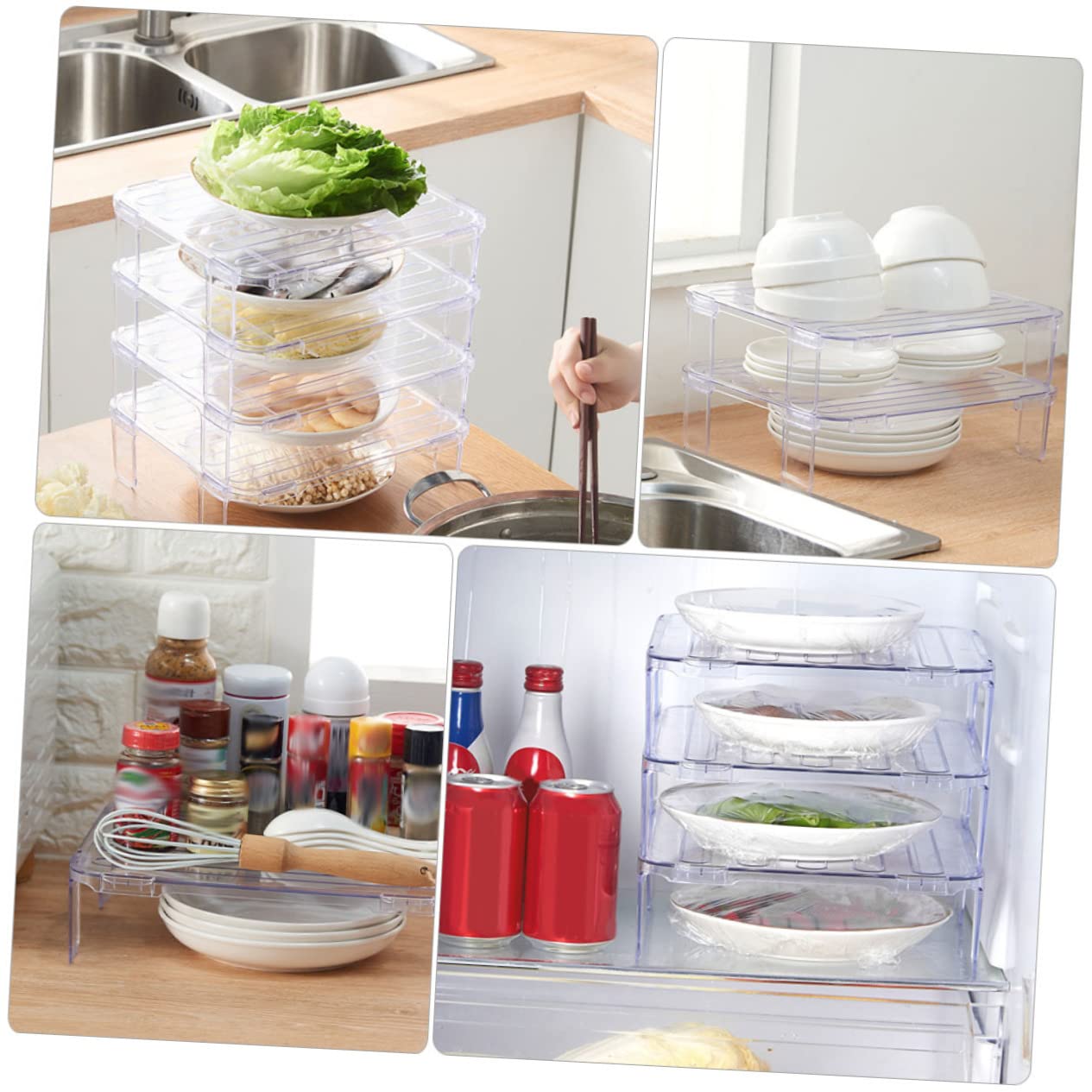 Juego de 2 estantes transparentes apilables para almacenamiento de placas de refrigerador, estantes organizadores para congelador y armario de refrigerador