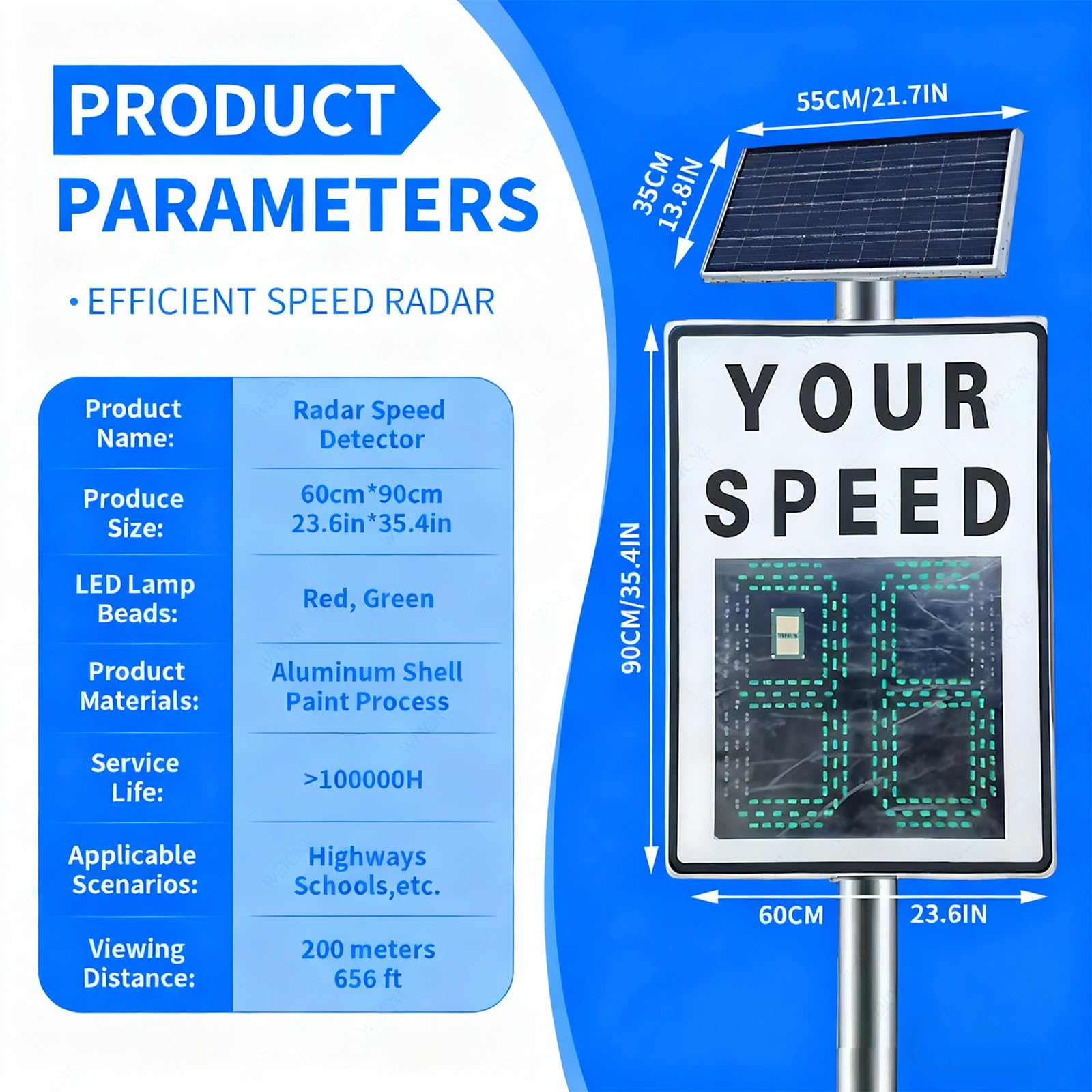 Cartel de Velocidad con Radar Solar – Panel de Visualización Inalámbrico de 60x90 cm con Retroalimentación Instantánea, Control Remoto, Detección de 200 m y Protección IP65