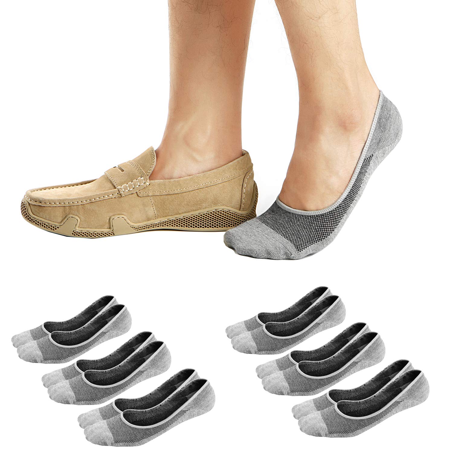 Ueither Men's Gray (6 Pairs) No Show Socks Invisible Liner Loafers Sneakers Socks Non Slip (, 9.5-13.5)