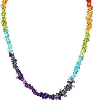 Zenergy Gems CHARGED 7 Chakra Necklace 36" Premium Tumble Polished Crystal Gemstone Chips Necklace (Amethyst, Iolite, Blue Apatite, Peridot, Citrine, Carnelian Agate, & Garnet) + Selenite Heart