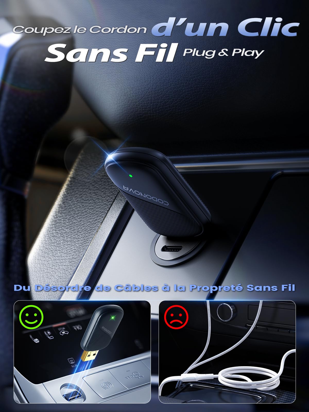 Mini Adaptateur sans Fil pour Apple CarPlay et Android Auto, Convertisseur CarPlay Filaire en sans Fil, Métal USB A/C, pour iPhone iOS 10+ et Android 10+, Longs Trajets, Trajets Quotidiens, Bleu