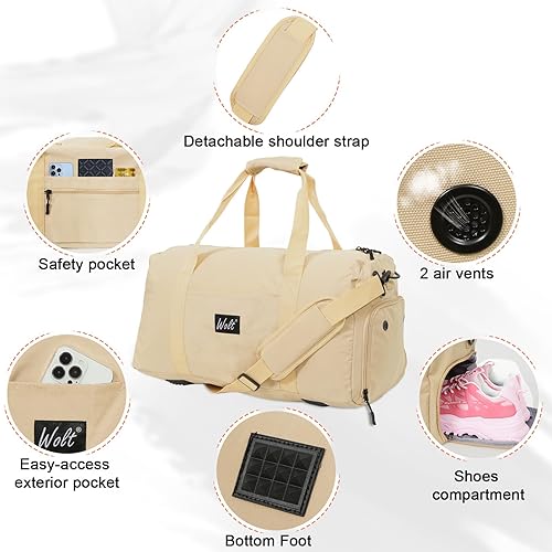 Vista 3 de WOLT Bolsa de viaje Bolsas de fin de semana para mujer, bolsa de transporte para artículos personales de 40 litros con bolsillo para ropa húmeda