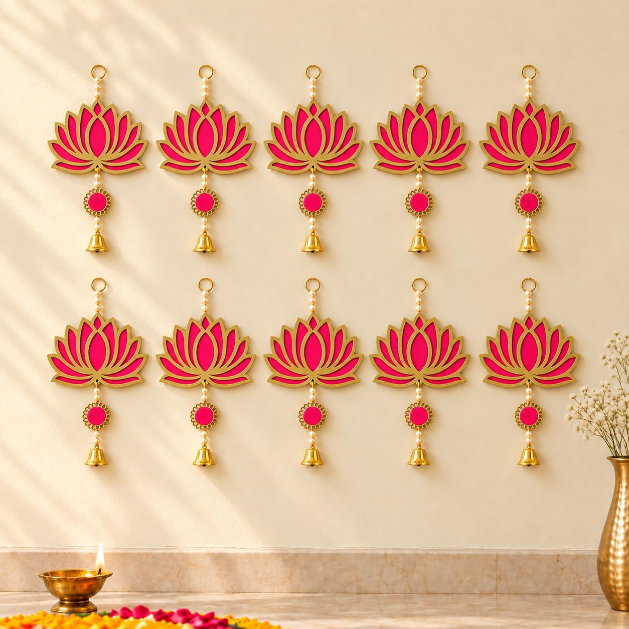 Diwali Lotus Decorations - Red & Gold Hanging -14