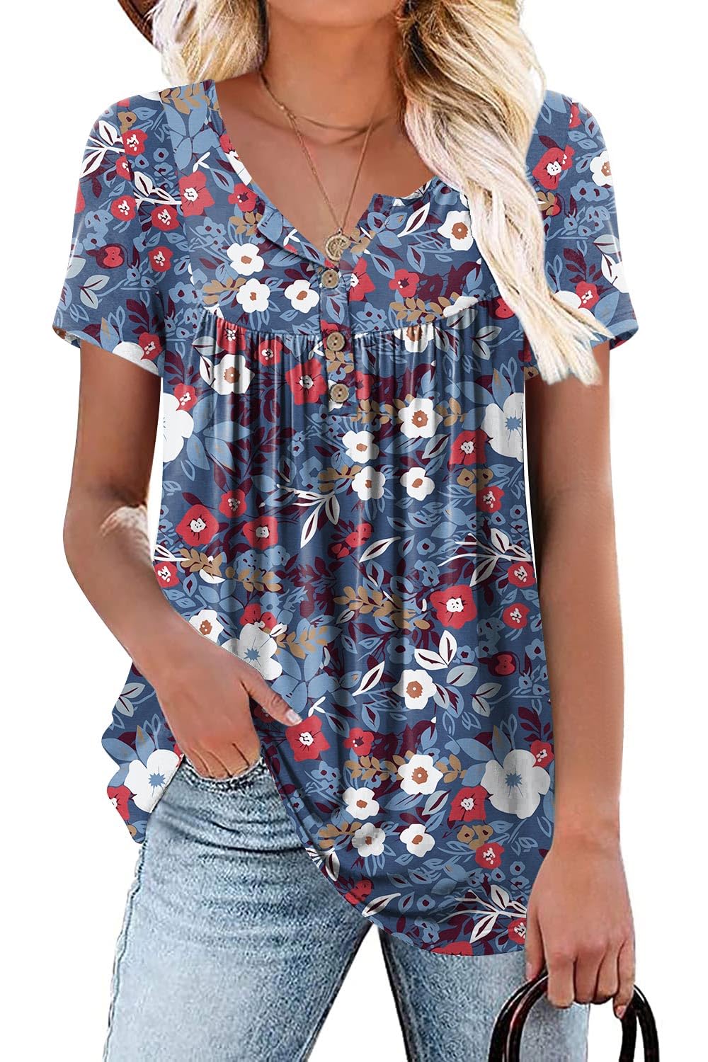 POPYOUNG Women's Summer Tops Short Sleeve Tunic Loose Fitting Blouses Henley Shirts