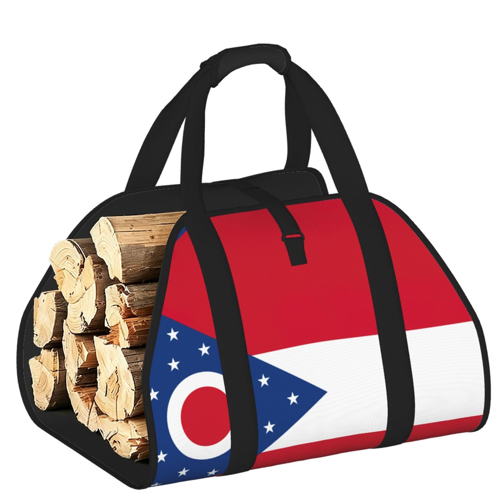 Ohio State Flag Printed Firewood Carrier Bag, Log Tote with Open-Ended Design for Camping Outdoor Wood Hauling