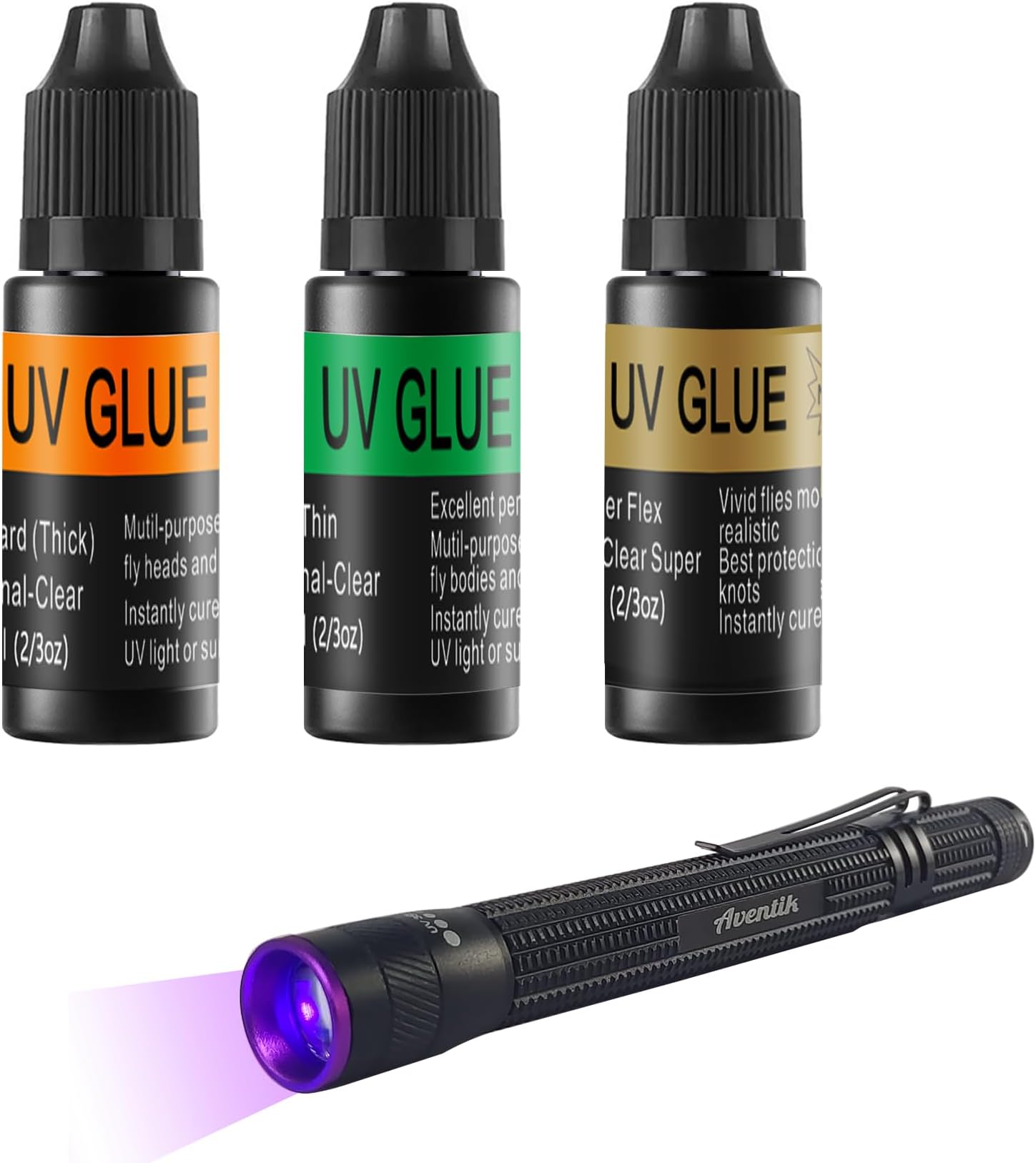 Riverruns UV Clear Glue Thick Thin Flew+UV Power 395nm Zoomable Pen Light for UV Glue Curing,Heads Bodies and Wings, Small Mini Stylus, IPX5 Water-Resistant