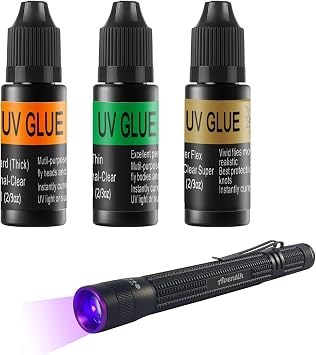 Riverruns UV Clear Glue Thick Thin Flew + UV Power 395nm Zoomable Pen Light for UV Glue Curing، Heads Bodies and Wings، Small Mini Stylus، IPX5 مقاومة للماء