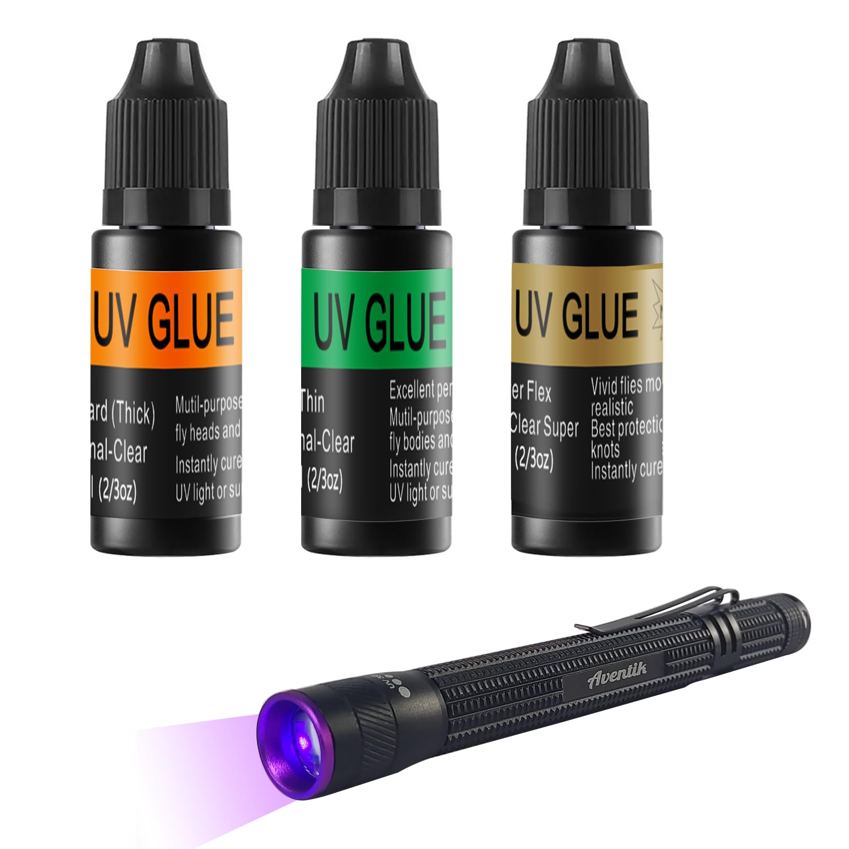 Riverruns UV Clear Glue Thick Thin Flew+UV Power 395nm Zoomable Pen Light for UV Glue Curing,Heads Bodies and Wings, Small Mini Stylus, IPX5 Water-Resistant