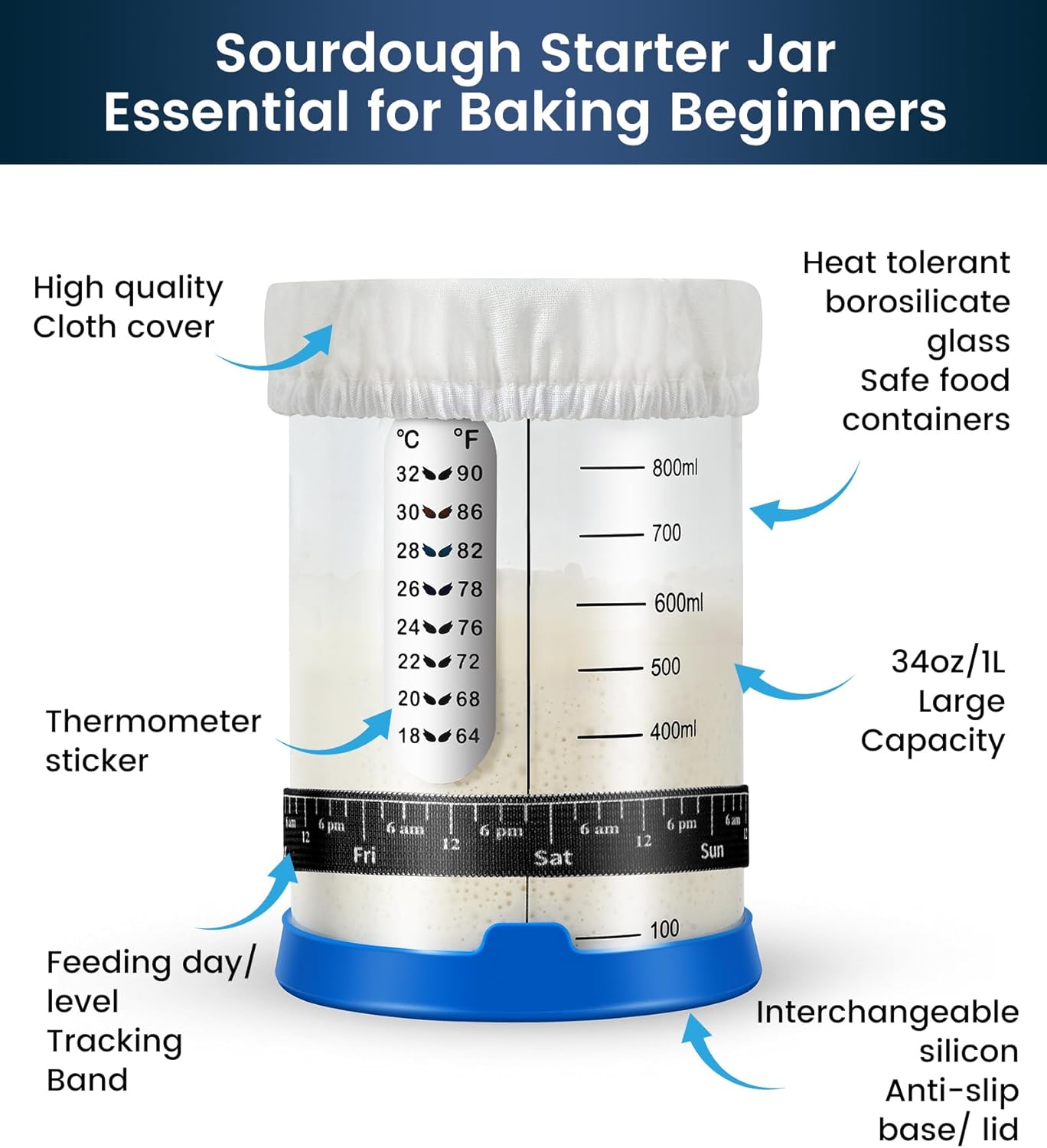 Sourdough Starter Jar,Sourdough Starter Kit – 2 Pack 34oz Organic Sour Dough Glass Jars Wide Mouth,Fermenters Tool For Home Bakers,Bread Baking Supplies,Large Glass Container With Lid - Image 5