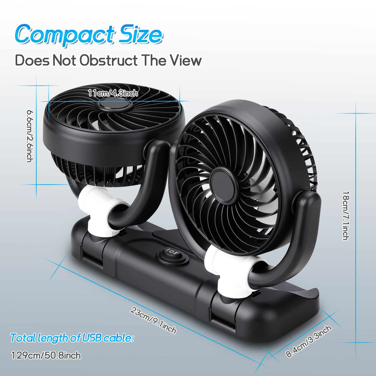 D-Lumina Ventilatore per auto, girevole a 360°, doppia testa, 12 V, con USB, 2 velocità, aria condizionata, per SUV, camper, ATV, barca, auto, targa con adesivo gratuito